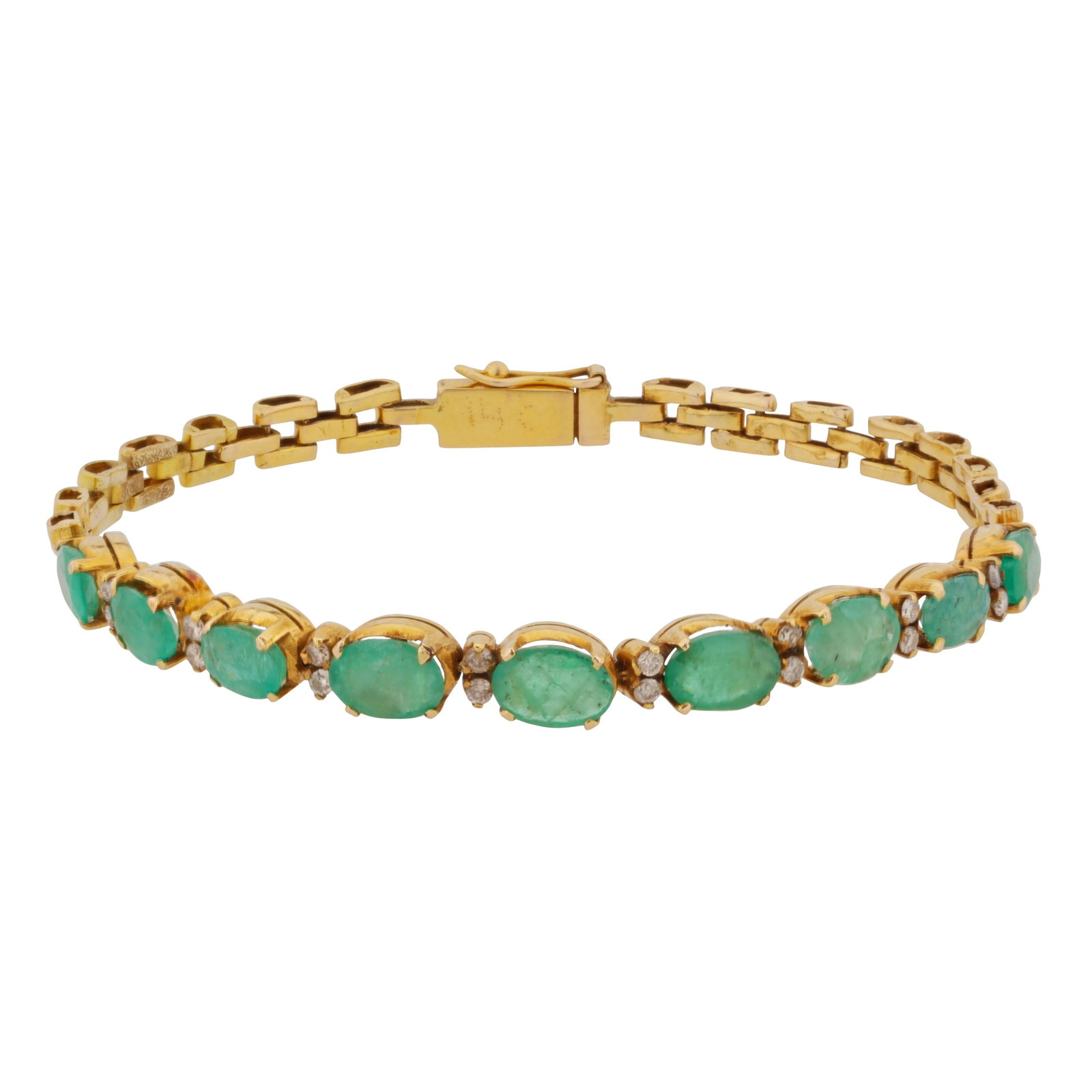 An emerald and diamond bracelet Yellow metal: An emerald and diamond bracelet Yellow metal Set to its front with a row of nine oval-cut emeralds alternating with a pair of brilliant-cut diamonds, to a back chain of brick-links, push clasp with