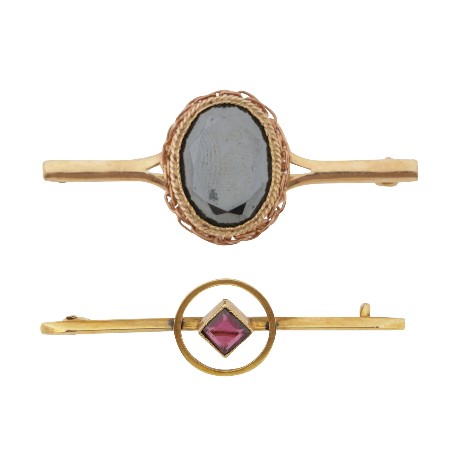 Two gem set bar brooches Yellow metal (1 of 2)