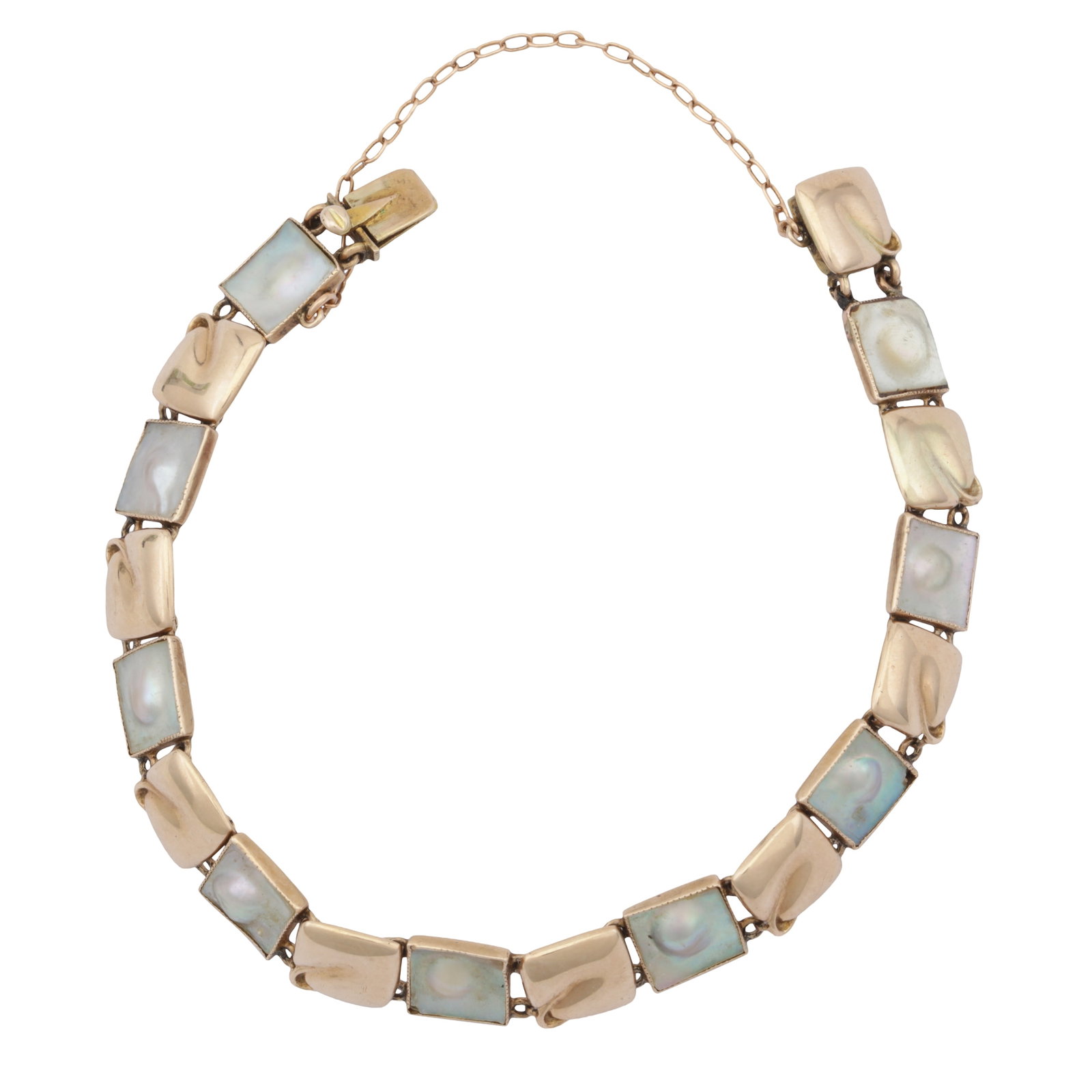 A mother of pearl bracelet Yellow metal: A mother of pearl bracelet Yellow metal Of articulated design, set with square-shaped mother-of-pearl slabs, box push clasp and safety chain, maker's mark, stamped 9ct, length approximately 17.1cm