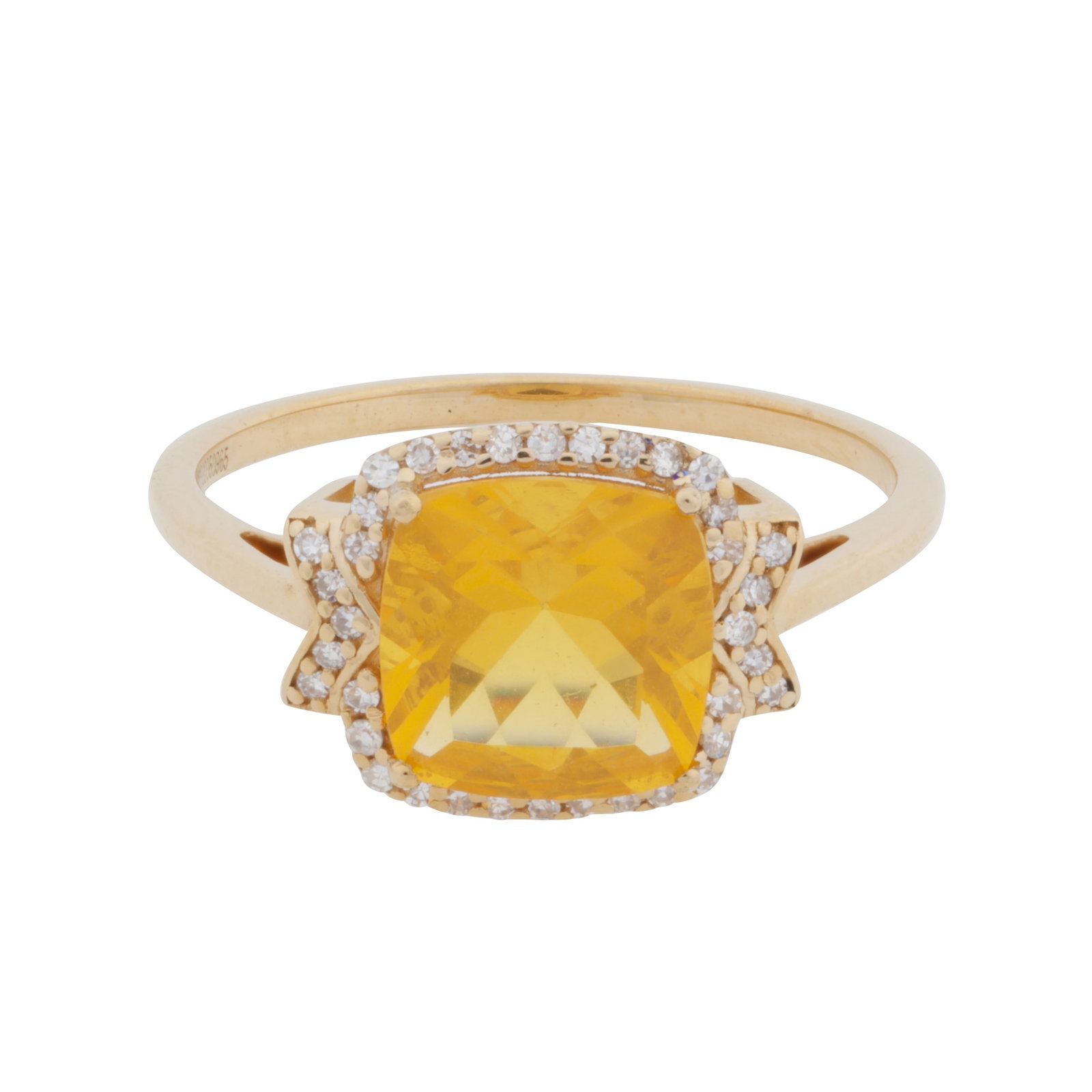 A fire opal and diamond ring Yellow metal: A fire opal and diamond ring Yellow metal The cushion-cut fire opal, accented by single-cut diamonds, to pierced gallery and a straight band, total diamonds approx. 0.11 carat total, maker's mark, sta