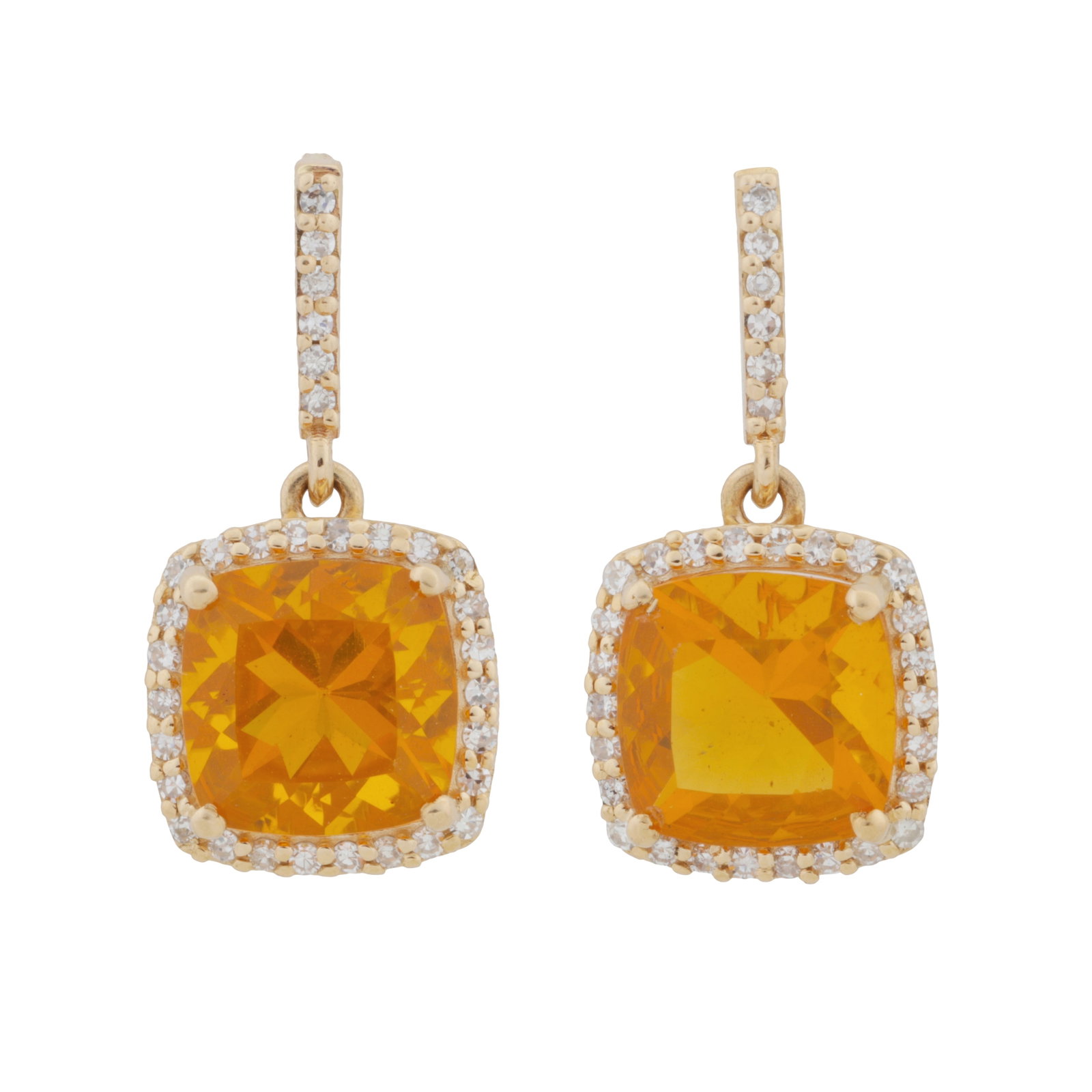 A pair of fire opal and diamond pendent earrings Yellow metal: A pair of fire opal and diamond pendent earrings Yellow metal Each set with a cushion-cut fire opal, highlighted by single-cut diamonds, post and butterfly fitting, total diamonds approx. 0.19 carat t