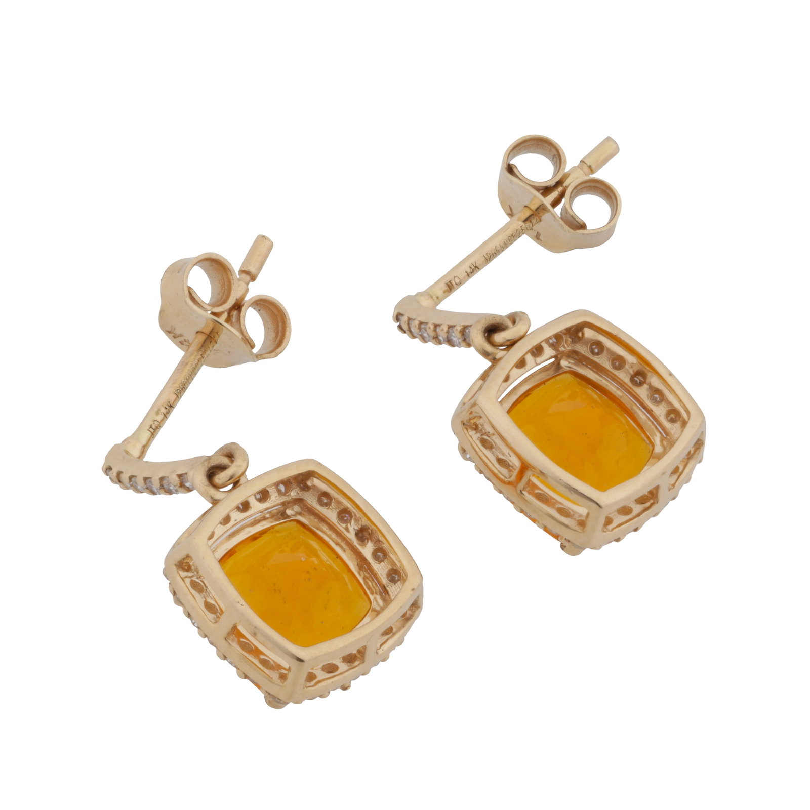 A pair of fire opal and diamond pendent earrings Yellow metal - 2