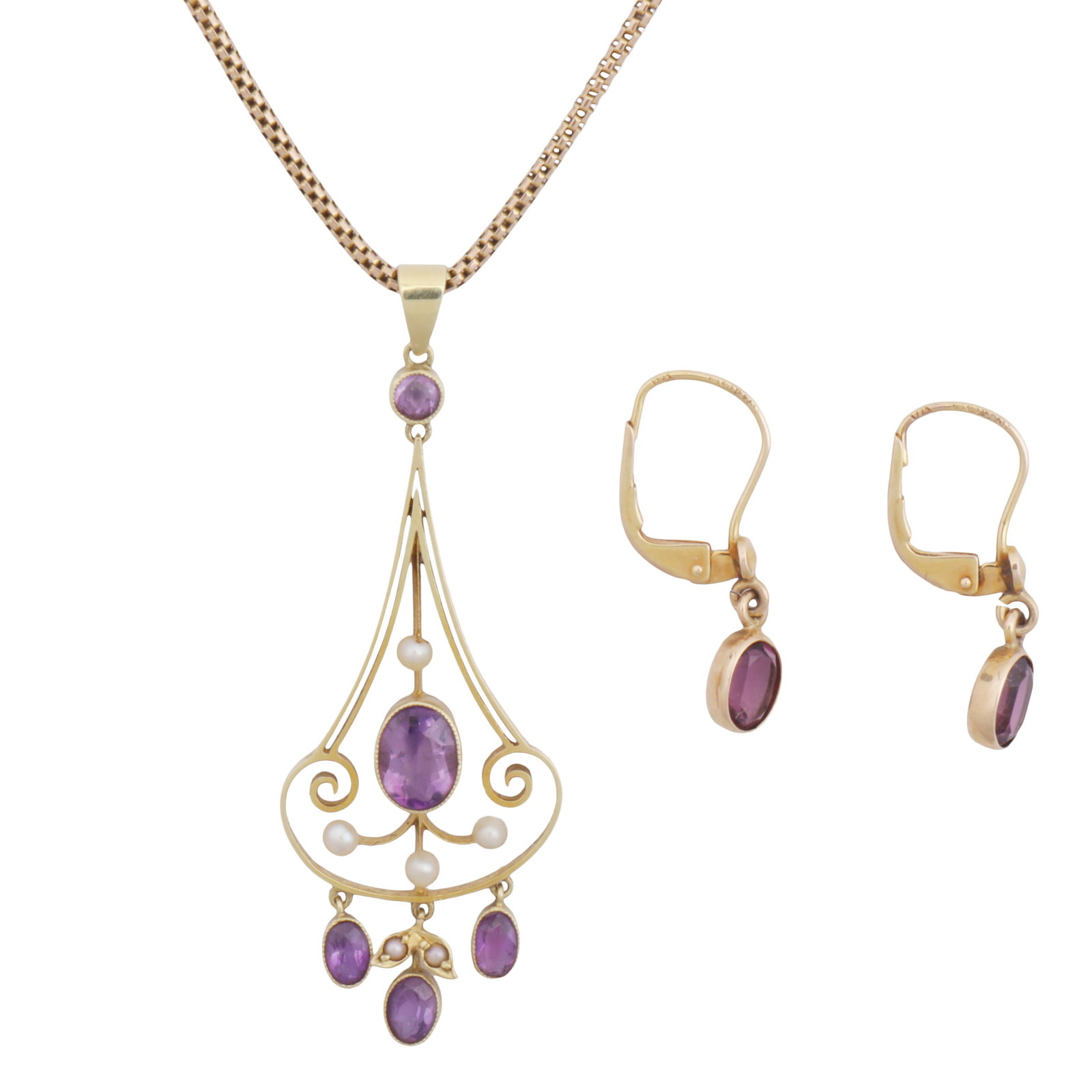 An amethyst and seed pearl pendant necklace and earrings Yellow metal: An amethyst and seed pearl pendant necklace and earrings Yellow metal The pendant of openwork design, set with amethysts and pearls, suspended to a mesh link chain necklace, barrel clasp, chain
