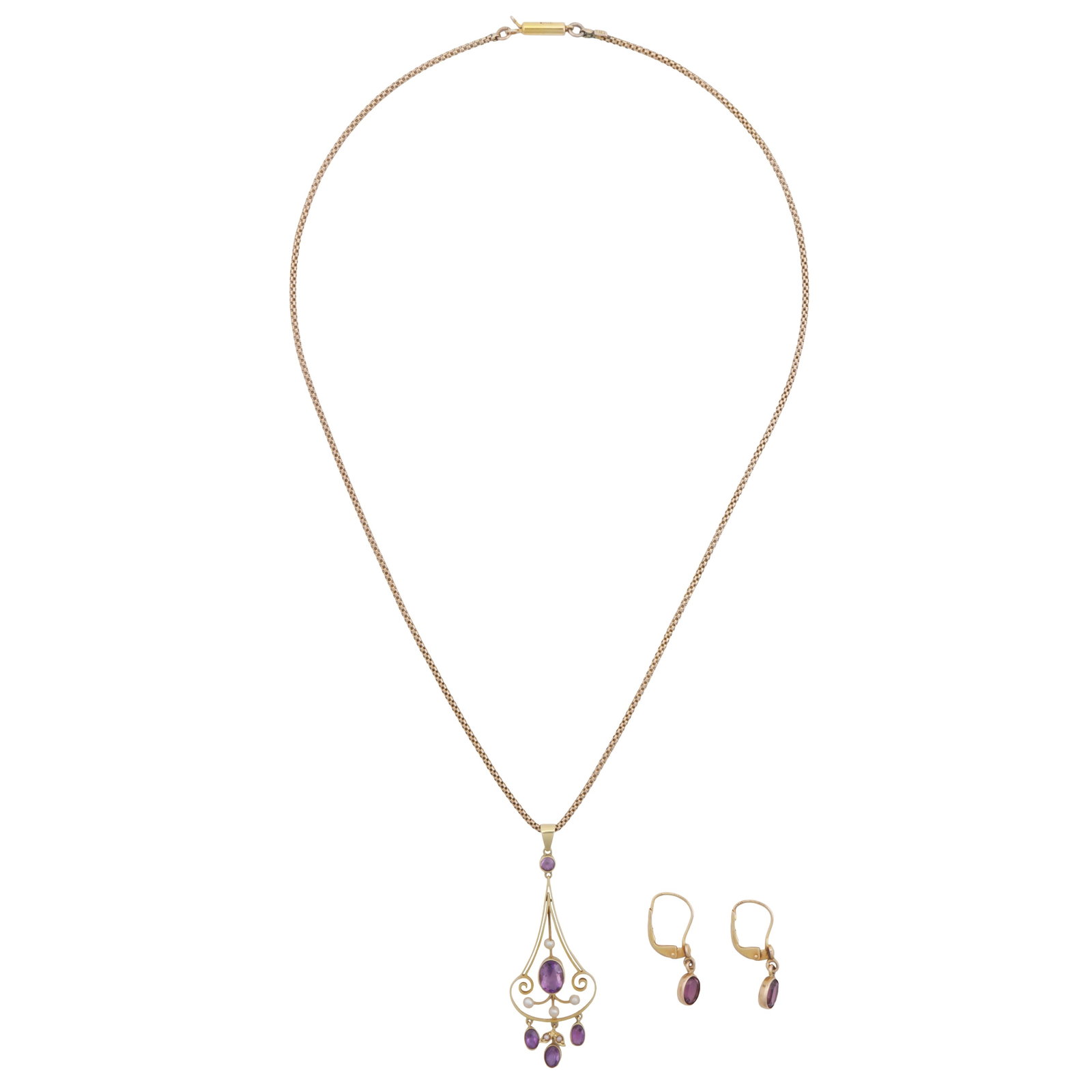 An amethyst and seed pearl pendant necklace and earrings Yellow metal - 2
