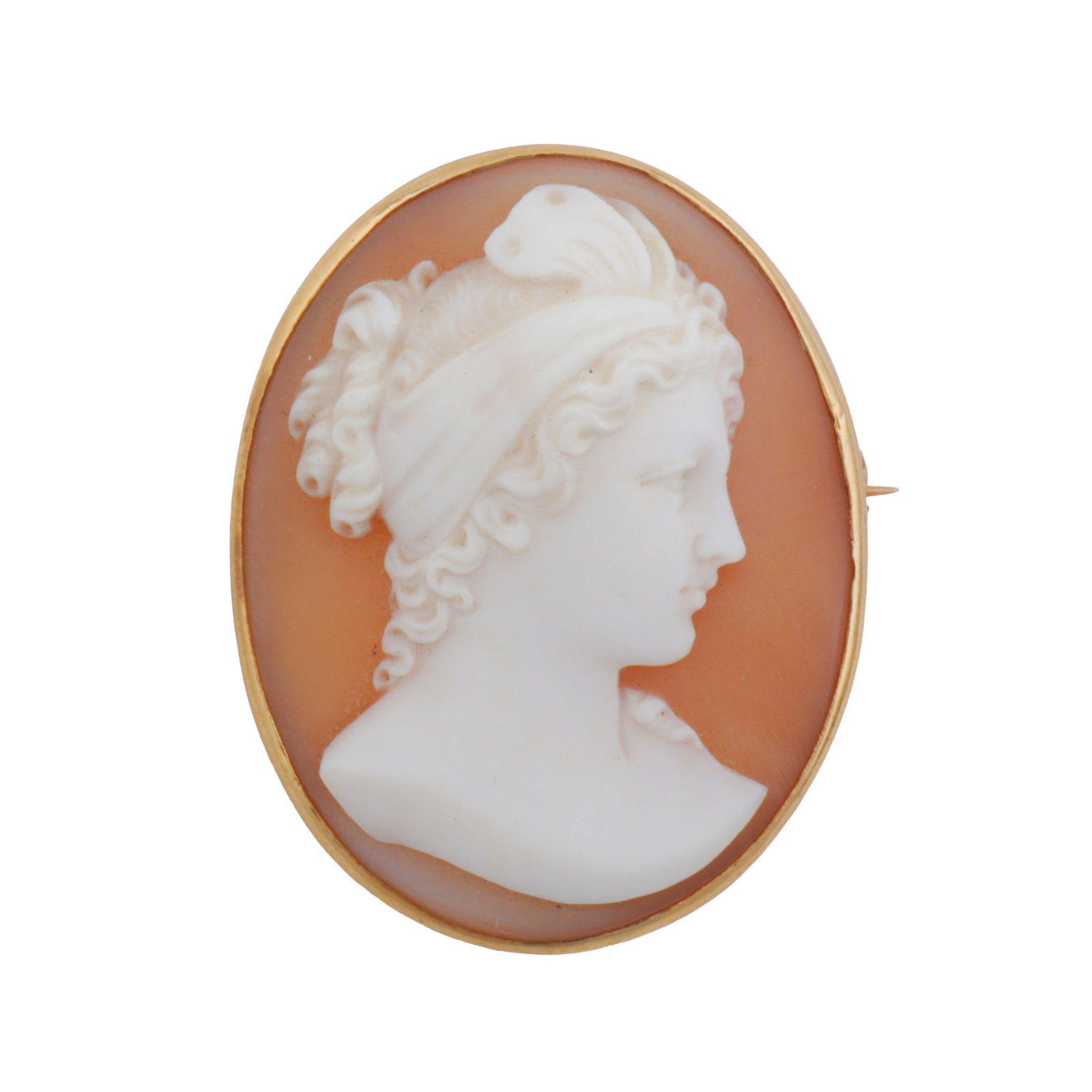 A cameo brooch Yellow metal: A cameo brooch Yellow metal Of oval design, depicting a lady's profile looking right, pin and catch, unmarked, length 3.6cm The item has been XRF tested and found to be 9ct gold.