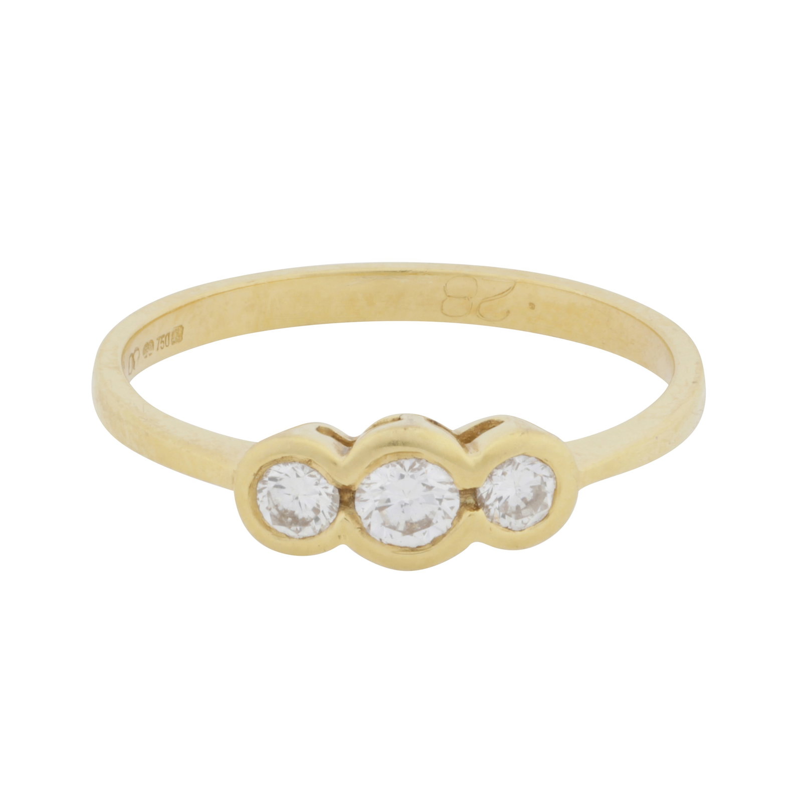 A three-stone old brilliant cut diamond ring 18 carat yellow gold: A three-stone old brilliant cut diamond ring 18 carat yellow gold Set with graduated brilliant-cut diamonds, mounted in 18 carat yellow gold, UK import mark, diamonds approx. 0.25 carat total, UK hall