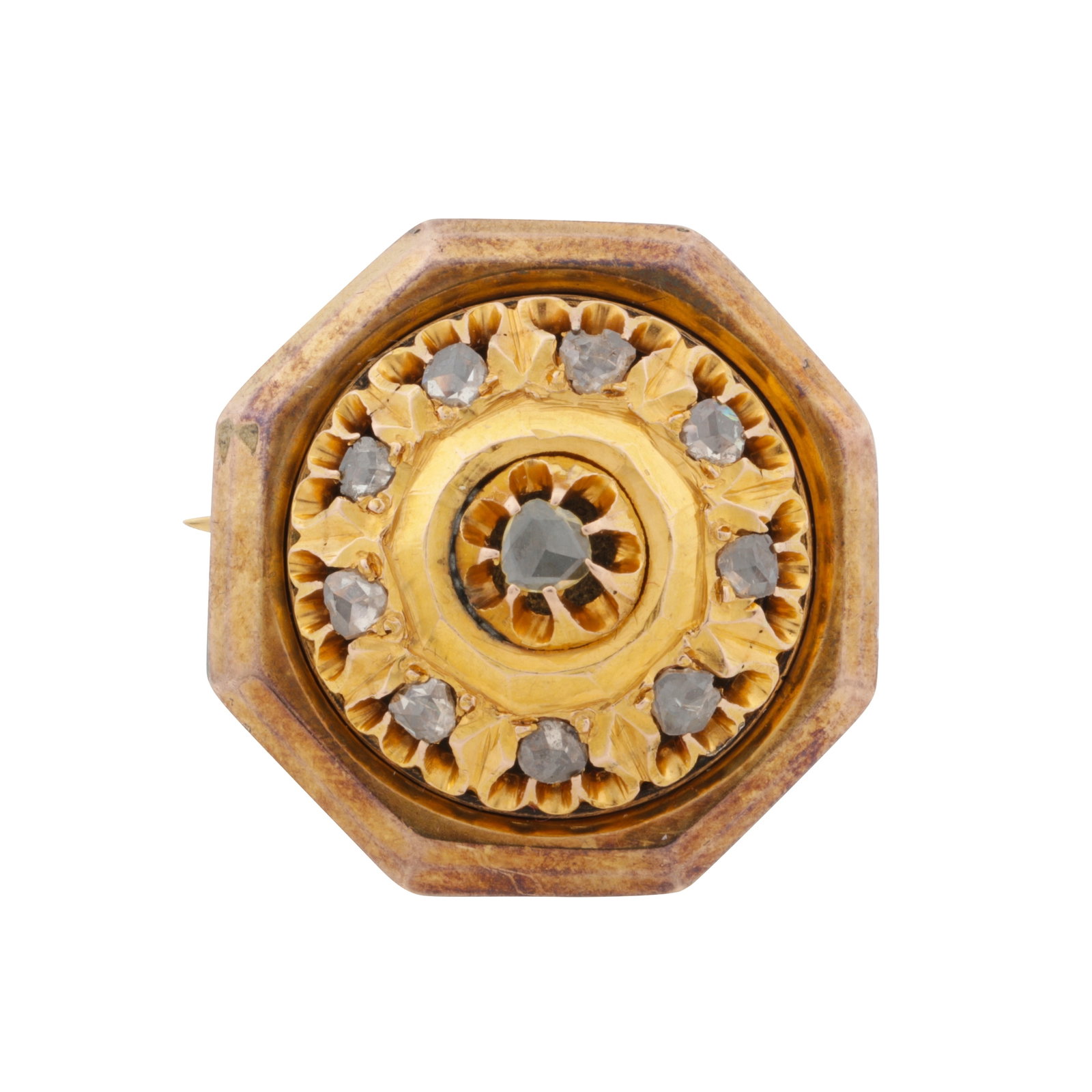 A diamond brooch Yellow metal: A diamond brooch Yellow metal Of octagonal form, set with rose-cut diamonds, inscribed MS Cooper and dated 3rd July 1807 at the back, yellow metal unmarked, length 2.4cm The item has been XRF tested