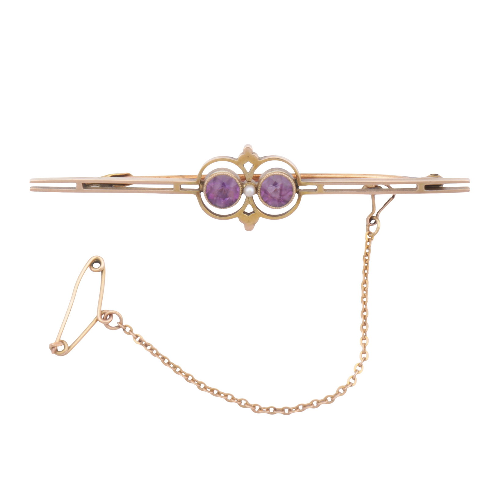 An amethyst and seed pearl bar brooch Yellow metal: An amethyst and seed pearl bar brooch Yellow metal Set with two circular-cut amethysts, accented by a seed pearl, to a yellow mount, stamped 9ct, metal pin, safety chain, length 5.8cm