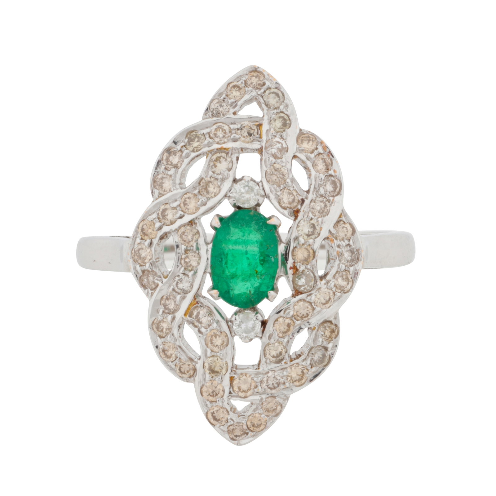 An emerald and diamond ring 14 carat white gold: An emerald and diamond ring 14 carat white gold Of pierced design, centrally set with an oval-cut emerald, to a brilliant-cut diamond interlacing surround in a navette shaped form, diamonds approx.