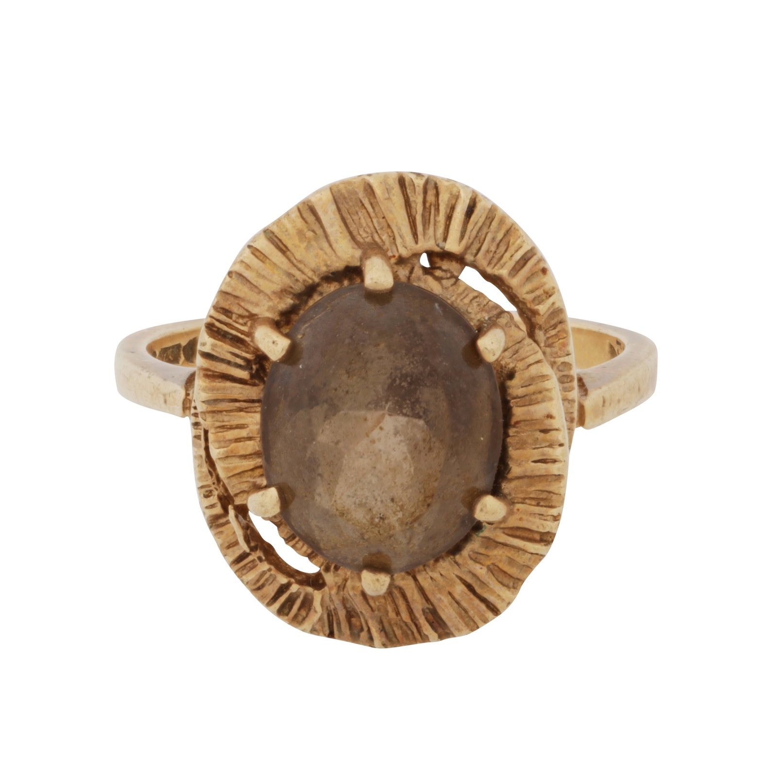 A smoky quartz single stone ring 9ct yellow gold: A smoky quartz single stone ring 9ct yellow gold The central oval-cut smoky quartz, to a textured crossover surround, maker's mark, UK hallmark, ring size M