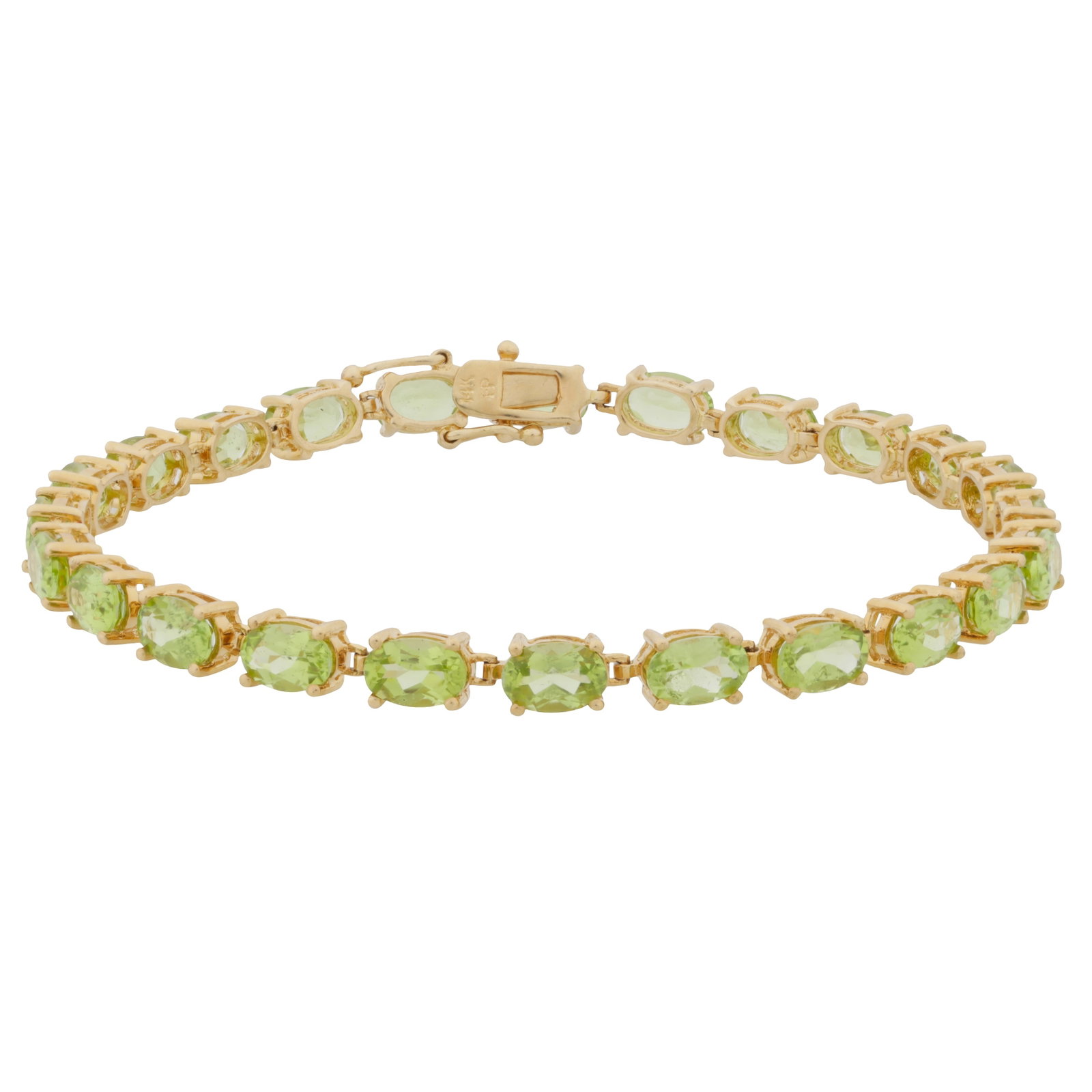 An peridot line bracelet Yellow metal: An peridot line bracelet Yellow metal Of articulated design, claw-set with oval-cut peridots, concealed box clasp and double safety catch, maker's mark, stamped 14K, length 18.3cm