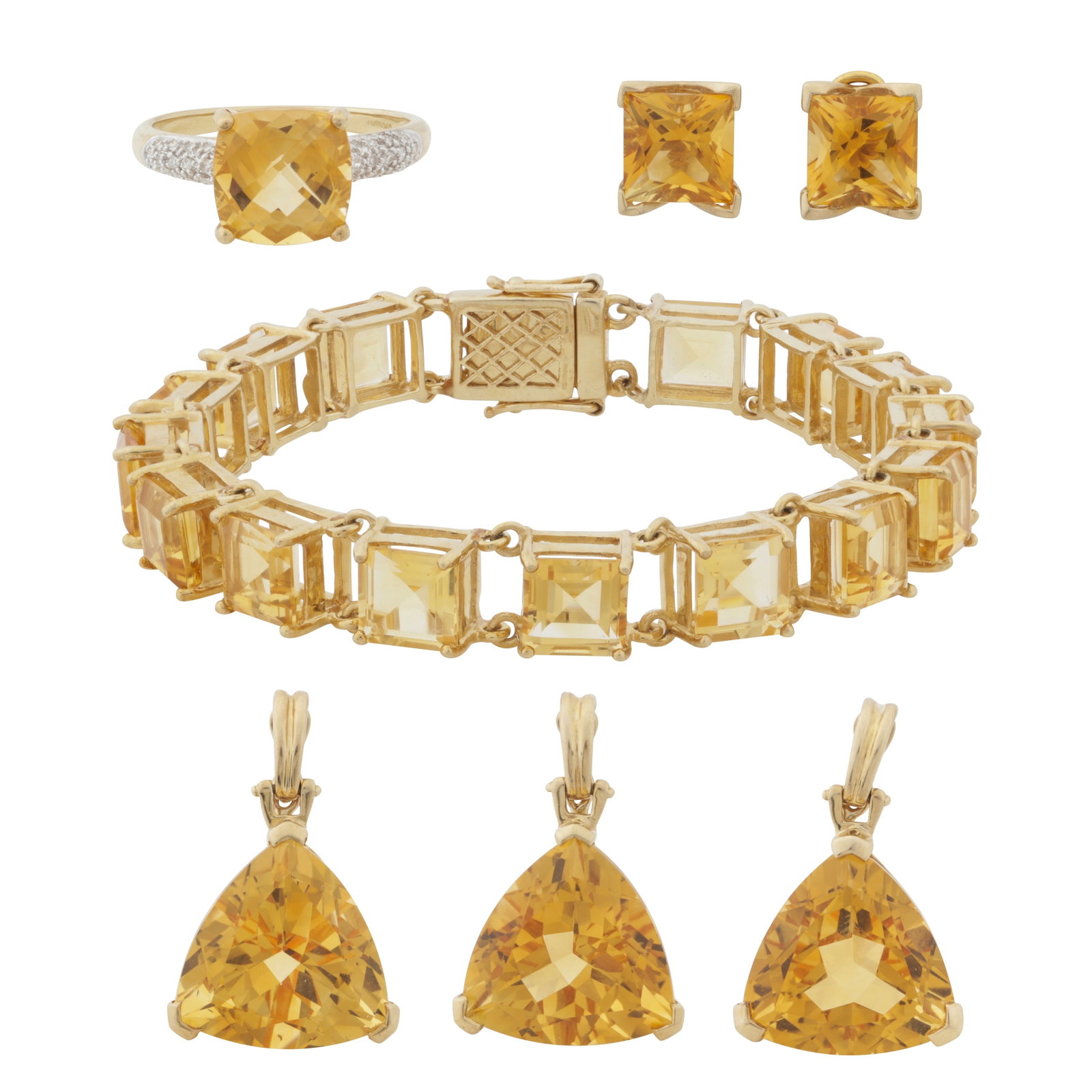 A citrine ring, bracelet, studs and pendants set 9 carat gold: A citrine ring, bracelet, studs and pendants set 9 carat gold Comprising: a facetted citrine and single-cut diamond shoulders ring; a step-cut citrine line bracelet, push clasp; to princess cut