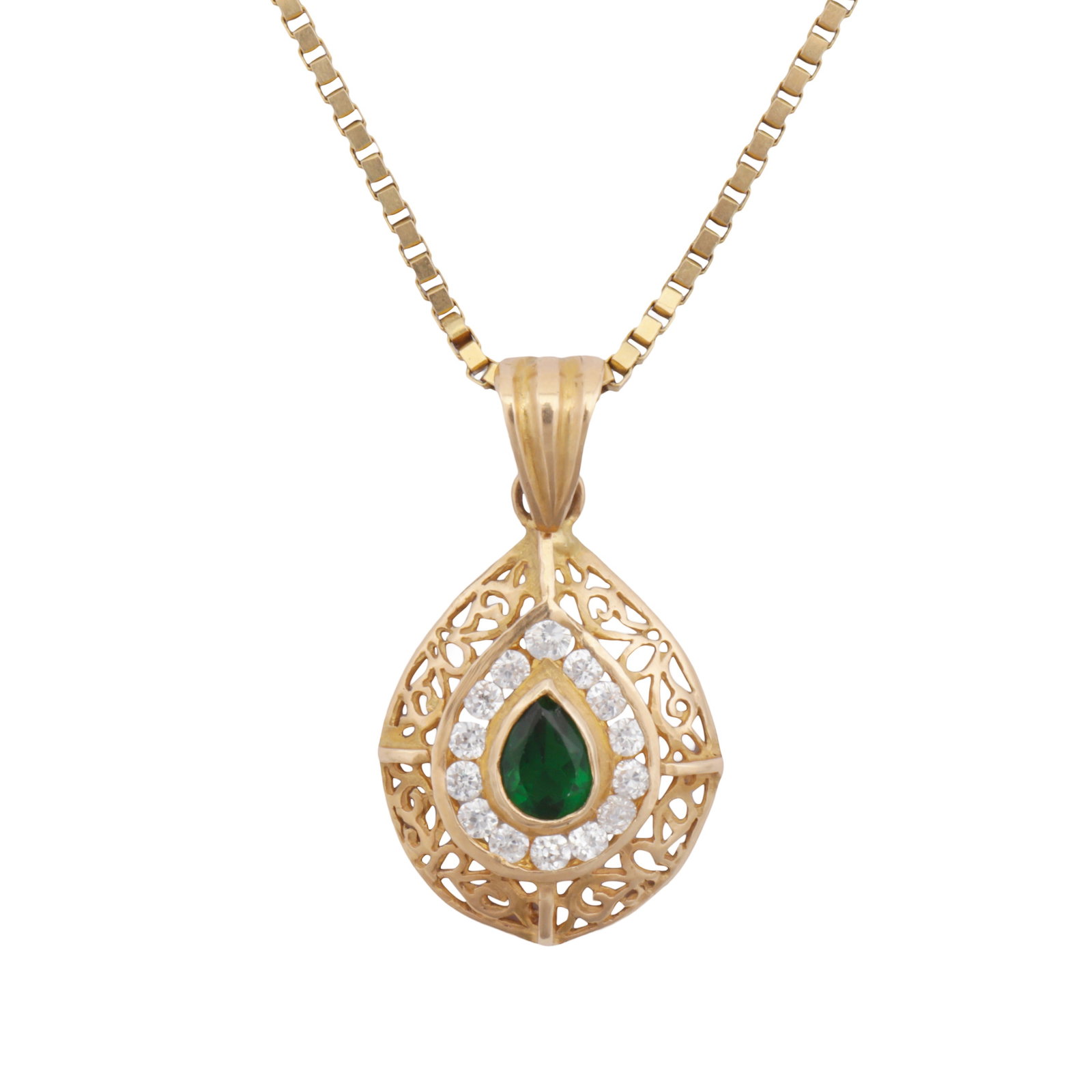 A paste pendant necklace Yellow metal: A paste pendant necklace Yellow metal The pendant of pierced drop design, set with green and white pastes, suspended to a box link chain necklace, bolt ring clasp, chain with maker's mark, stamped