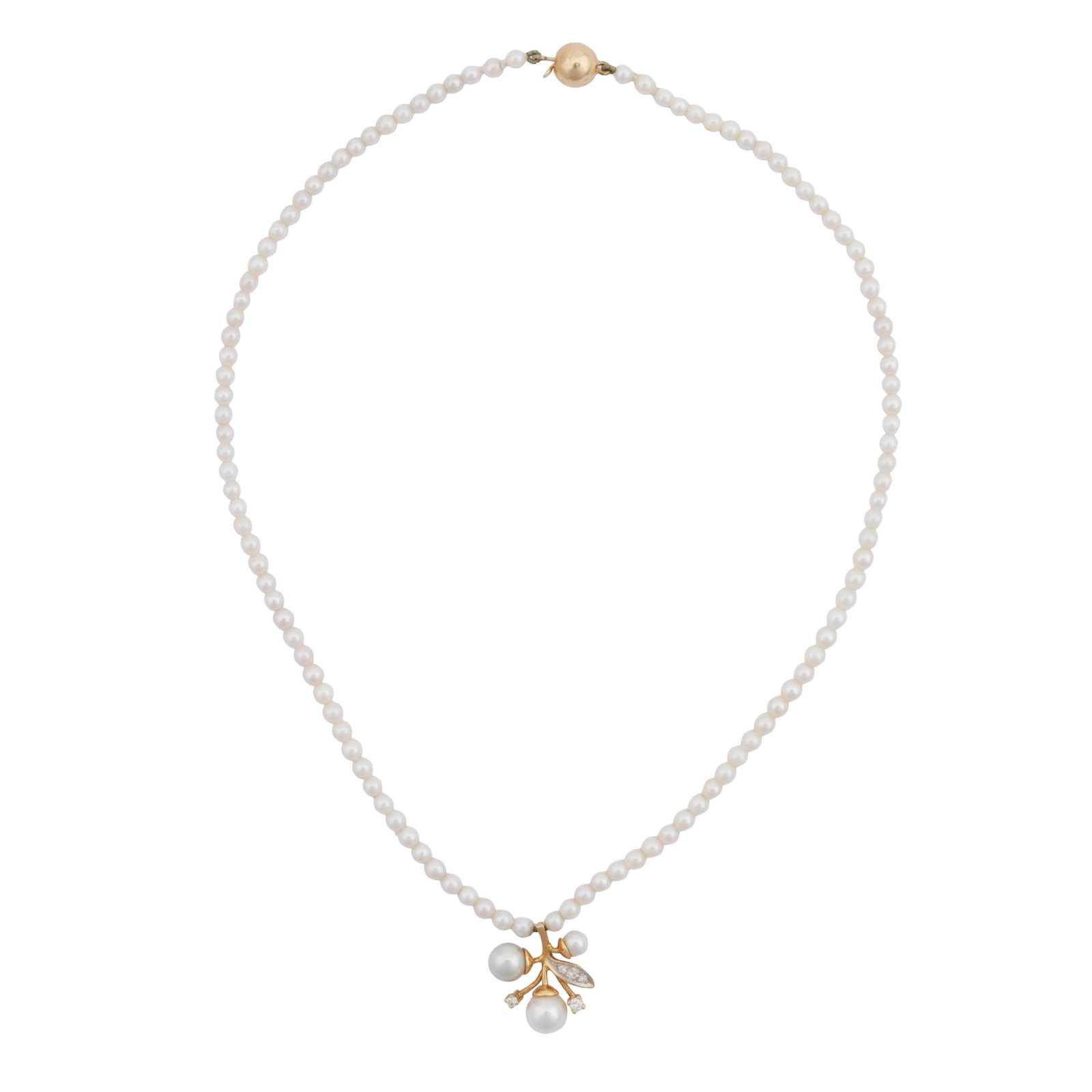A pearl and diamond necklace Yellow metal: A pearl and diamond necklace Yellow metal The single strand of 3.0-3.4mm pearls of white tint, suspending a pearl and brilliant-cut diamond set flower and leaf pendant, to a box bead clasp, unmarked, 