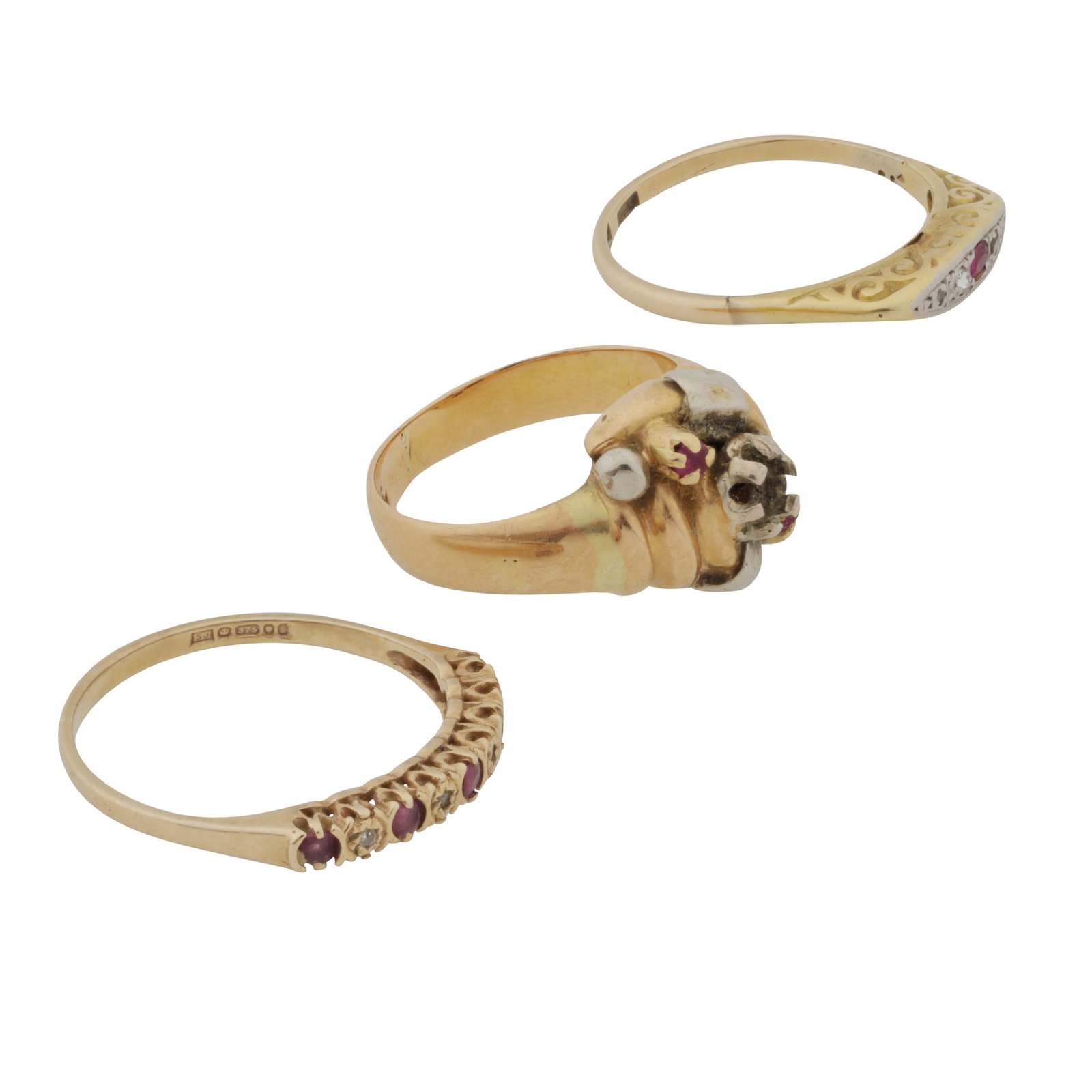 Three gem-set rings Yellow metal - 2