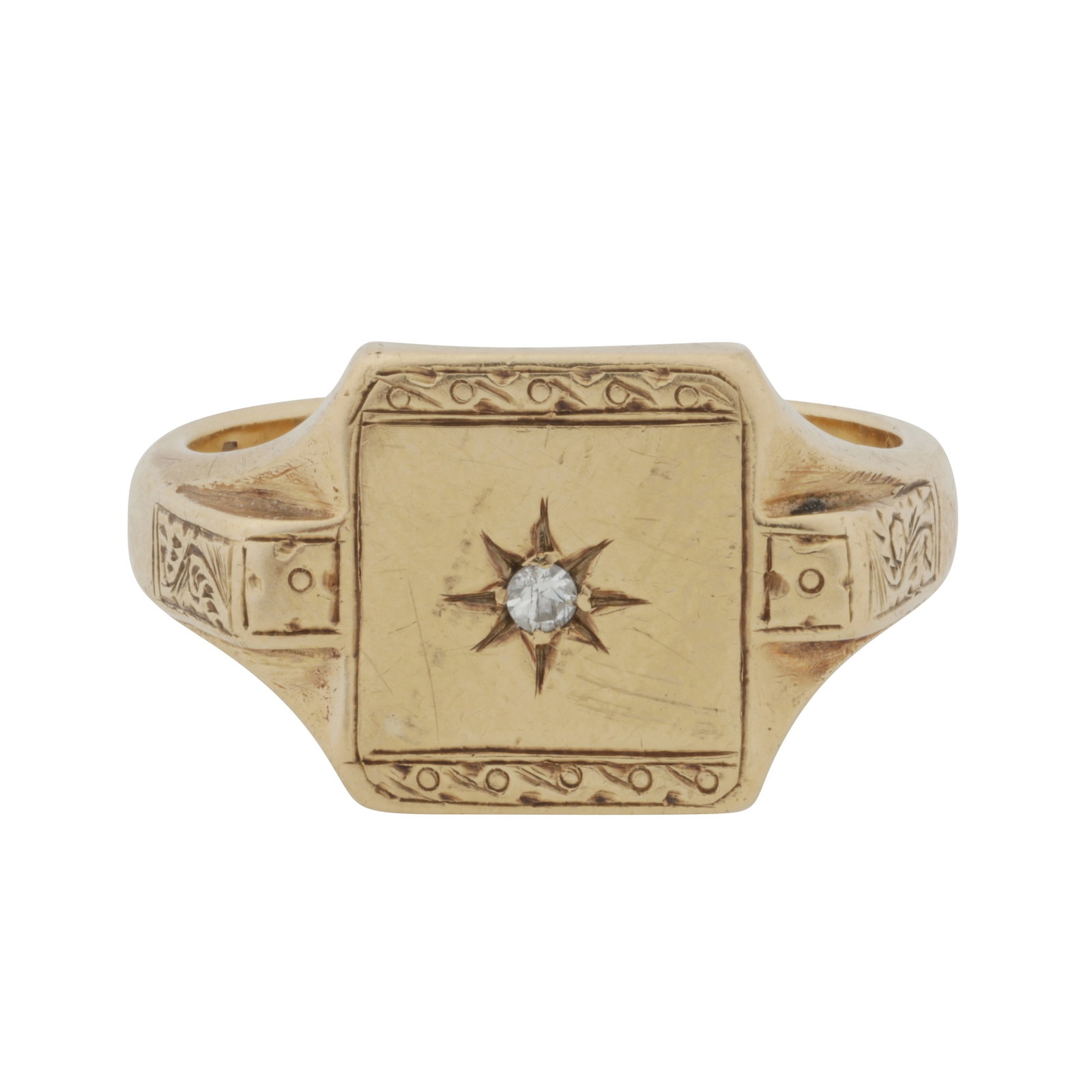 A diamond signet ring 9ct yellow gold: A diamond signet ring 9ct yellow gold Of square design, centrally set with a single-cut diamond, to engraved shoulders and borders, maker's mark, UK hallmark, size S