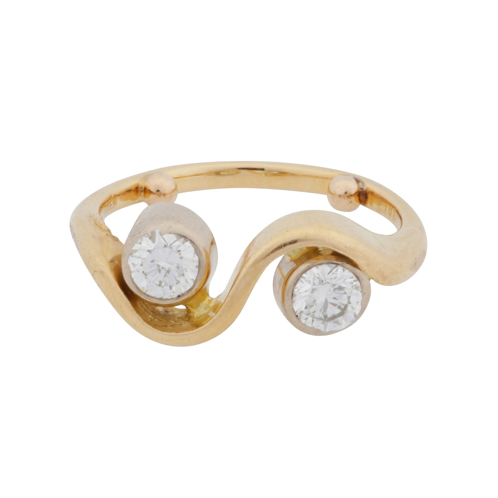 A diamond two stone ring Yellow metal: A diamond two stone ring Yellow metal Of crossover design, set with two brilliant-cut diamonds, with inner sizing beads, diamonds approx. 0.40 carat total, stamped 18ct, size F