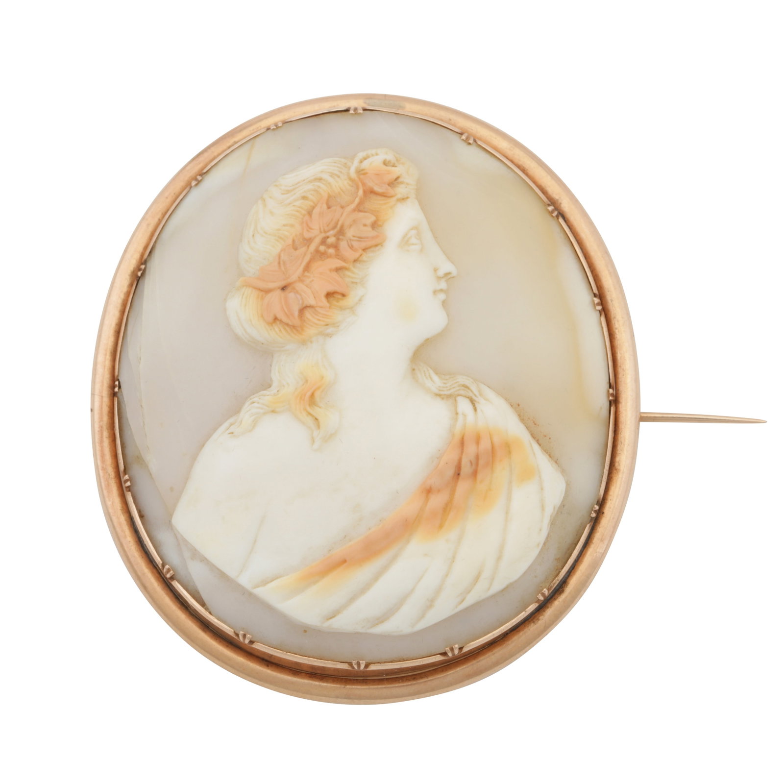A cameo brooch Yellow metal: A cameo brooch Yellow metal Of oval design, depicting Flora, to a polished border, set in yellow metal, unmarked, length 6.6cm The item has been XRF tested and found to be 10.5ct gold.