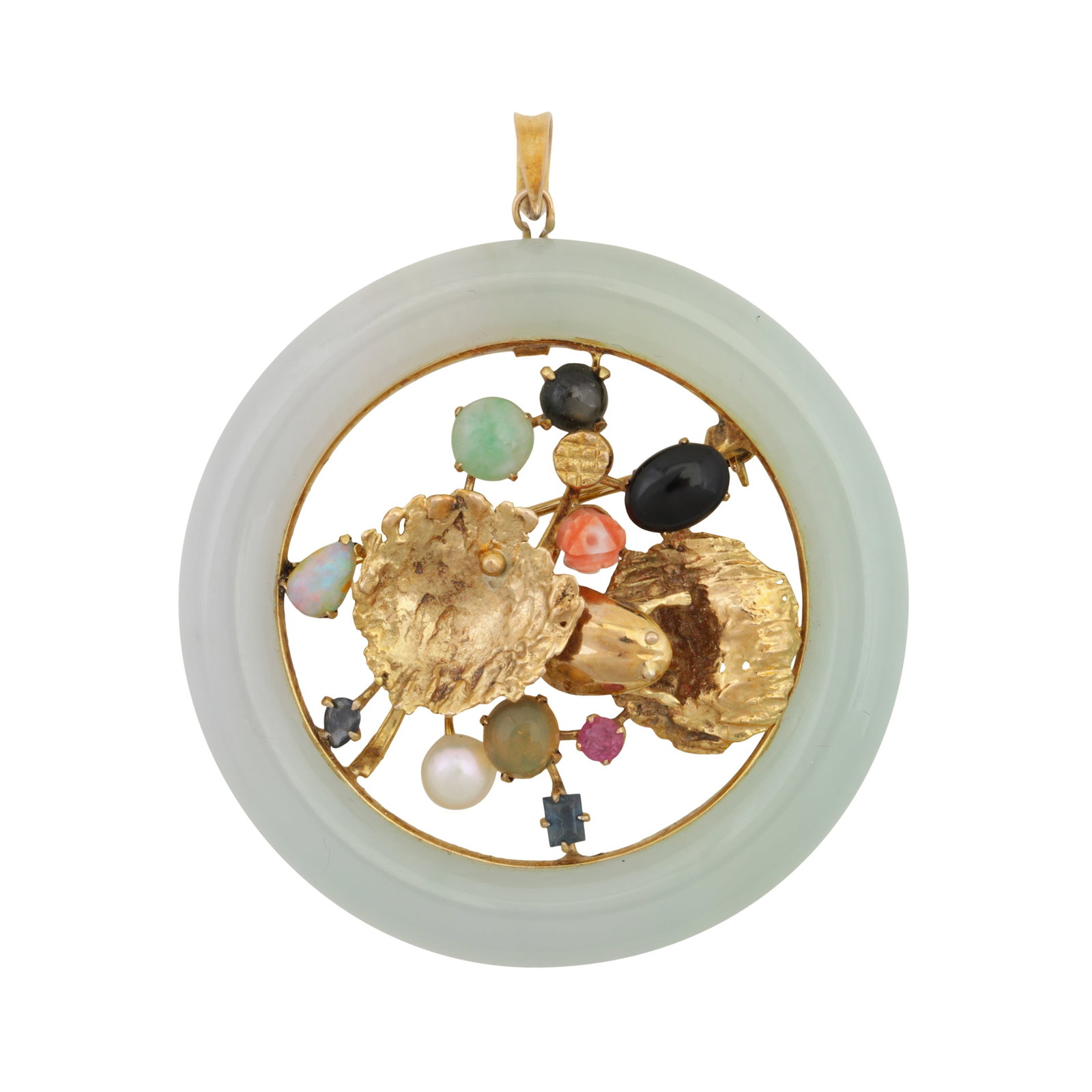 A multi gem-set pendant Yellow metal: A multi gem-set pendant Yellow metal Of circular form and pierced design, centrally-set with vari-cut gems to include onyx, opal, carved coral, ruby, sapphire and a cultured pearl, within a jade ring,