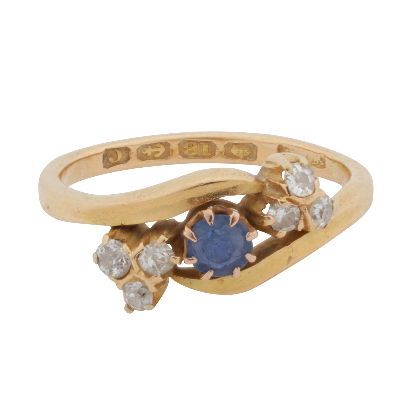 A sapphire and diamond ring 18ct yellow gold: A sapphire and diamond ring 18ct yellow gold Of crossover design, set with a circular-cut sapphire, accented by old-cut diamonds, straight band, maker's mark, UK hallmark, size K½