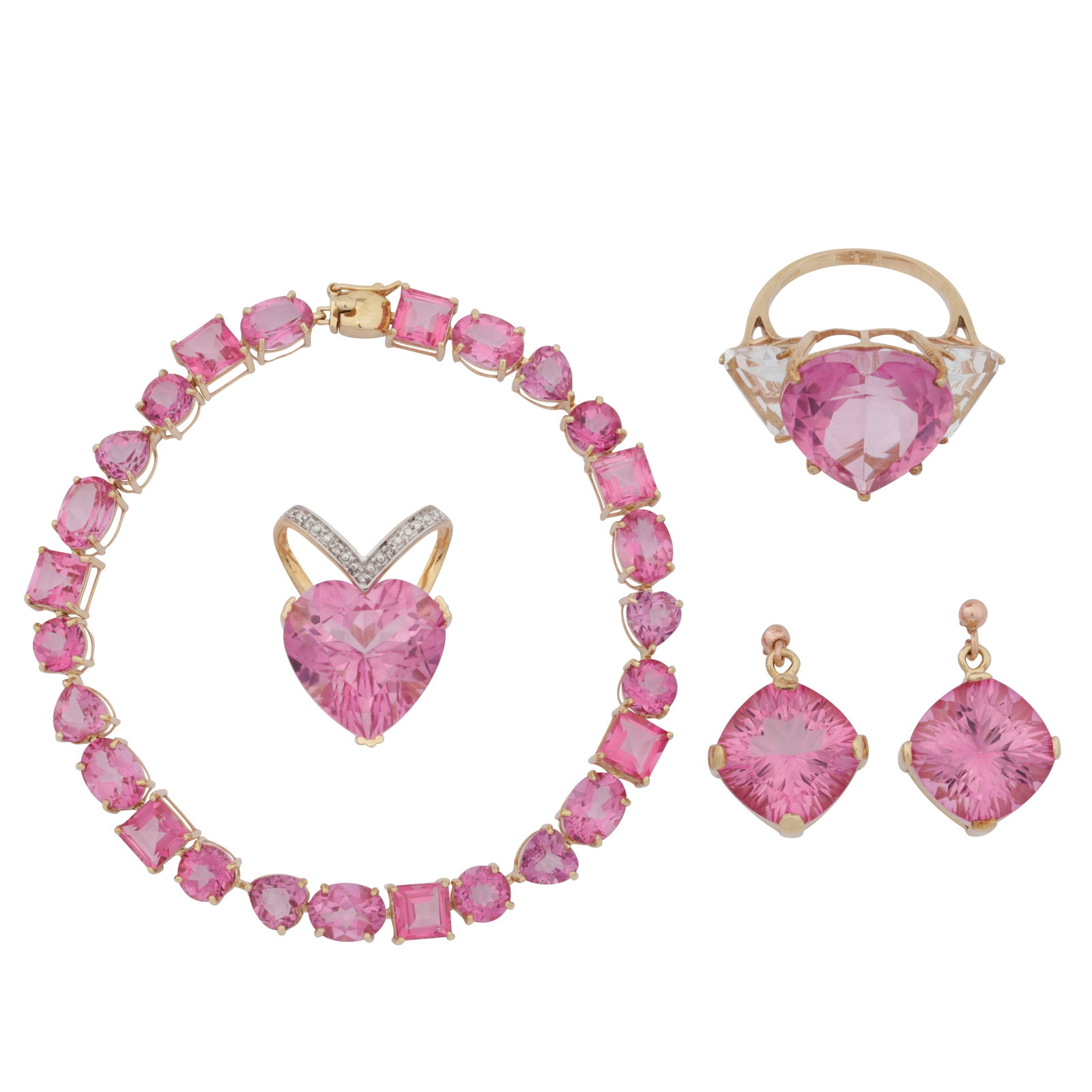 A pink topaz jewellery set Yellow metal: A pink topaz jewellery set Yellow metal The set includes a ring, a pendant/charm, a bracelet, and a pair of earrings, set with various shapes of pink topaz and diamond imitations; the pendant set in