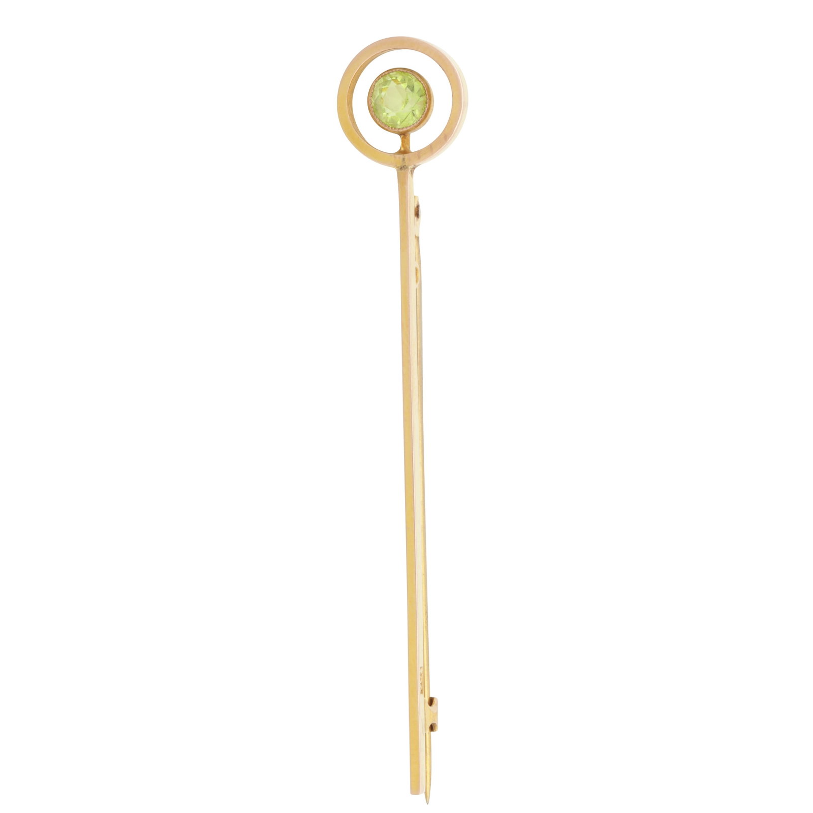 A peridot bar brooch Yellow metal: A peridot bar brooch Yellow metal Of openwork and polished design, set with a circular-cut peridot, stamped 9ct, length 6.4cm