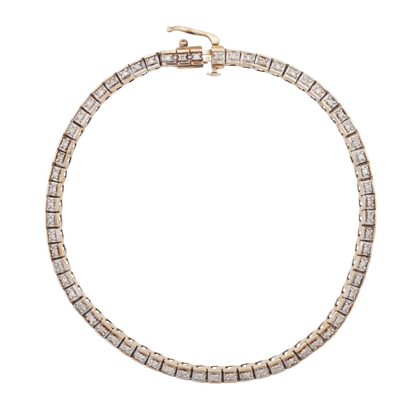 A diamond line bracelet 9ct yellow gold: A diamond line bracelet 9ct yellow gold Of articulated design, set with a continuous row of claw-set brilliant-cut diamonds, push clasp and safety catch, diamonds approx. 0.45 carat total, maker's