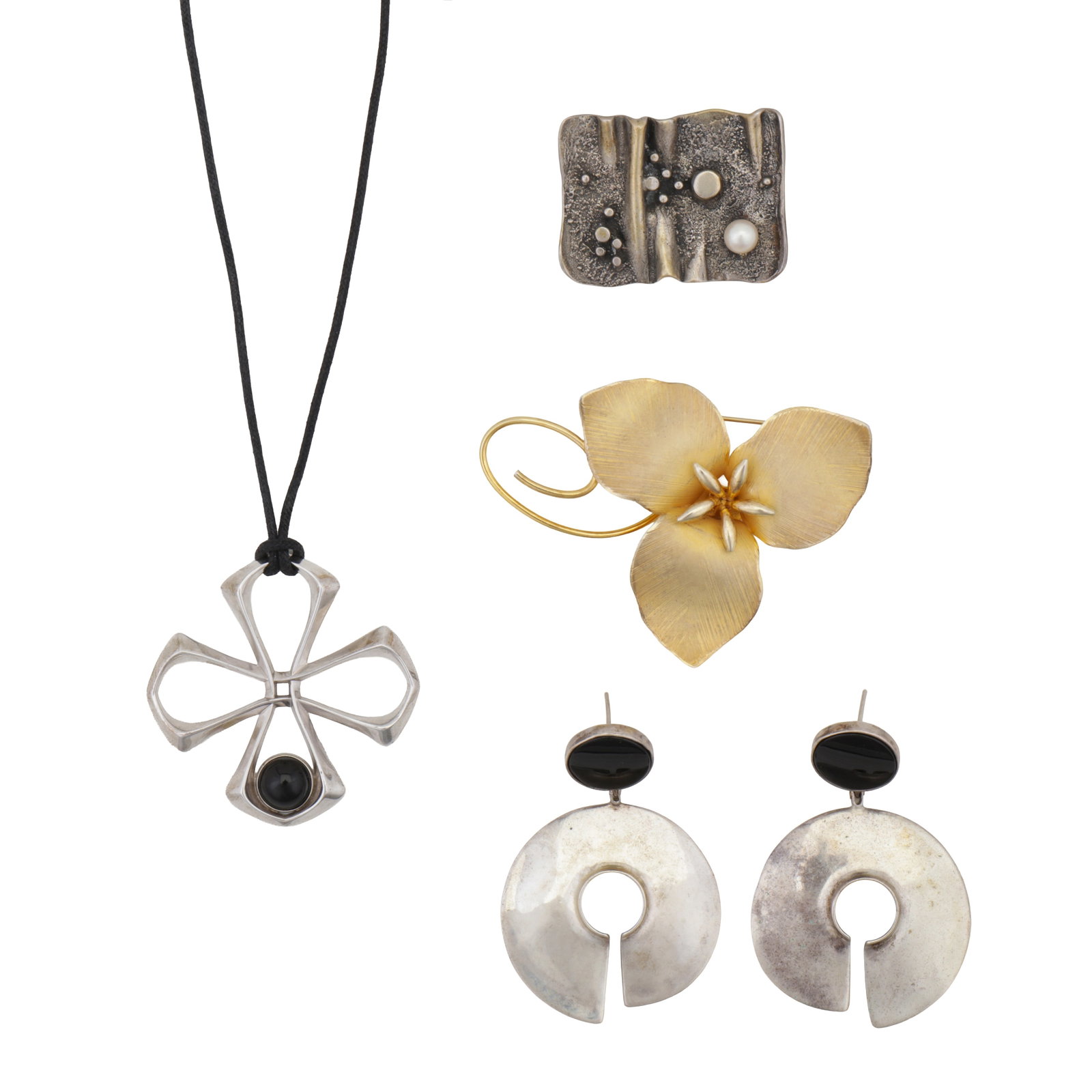 A collection of jewellery: A collection of jewellery To include a Lalique pendant, stamped 925; a pair of circular pendent earrings; a creased pearl brooch; and a flower brooch by Bond Boyd, stamped sterling; various sizes (4)