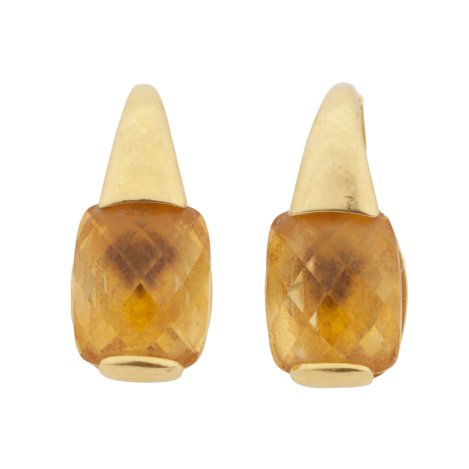 A pair of citrine earrings Yellow metal: A pair of citrine earrings Yellow metal Each set with a cushion-shaped facetted citrine, to a tapered surmount, set in yellow metal, stamped 750, hook fittings, length 1.8cm