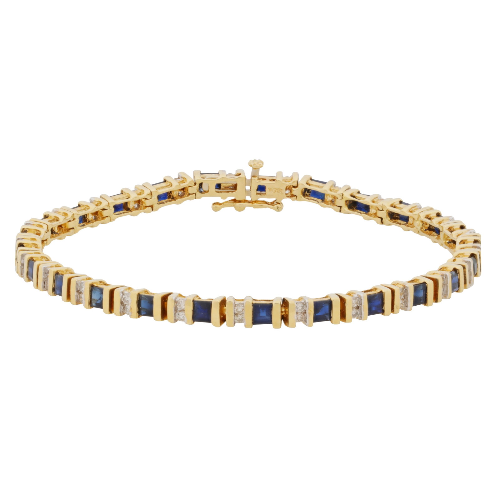 A sapphire and diamond bracelet Yellow and white: A sapphire and diamond bracelet Yellow and white Of articulated design, bar-set with square-cut sapphires, accented by brilliant-cut diamonds, concealed box clasp and safety catch, stamped 10K,
