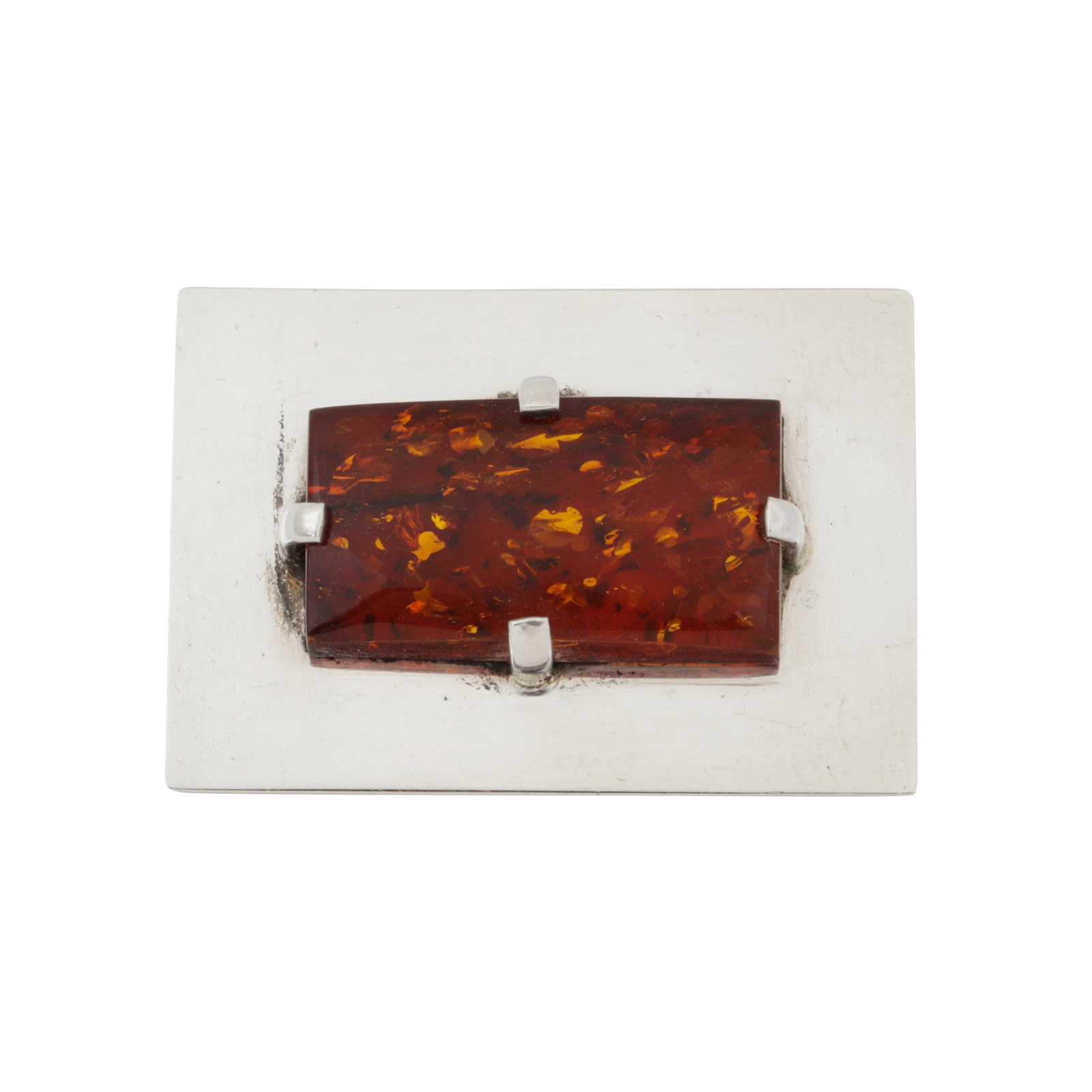 An amber brooch / pendant: An amber brooch / pendant Set centrally with a rectangular amber cabochon, to a rectangular mount set in white metal, maker's mark M.G, stamped 925, length 4.9cm, width 3.3cm