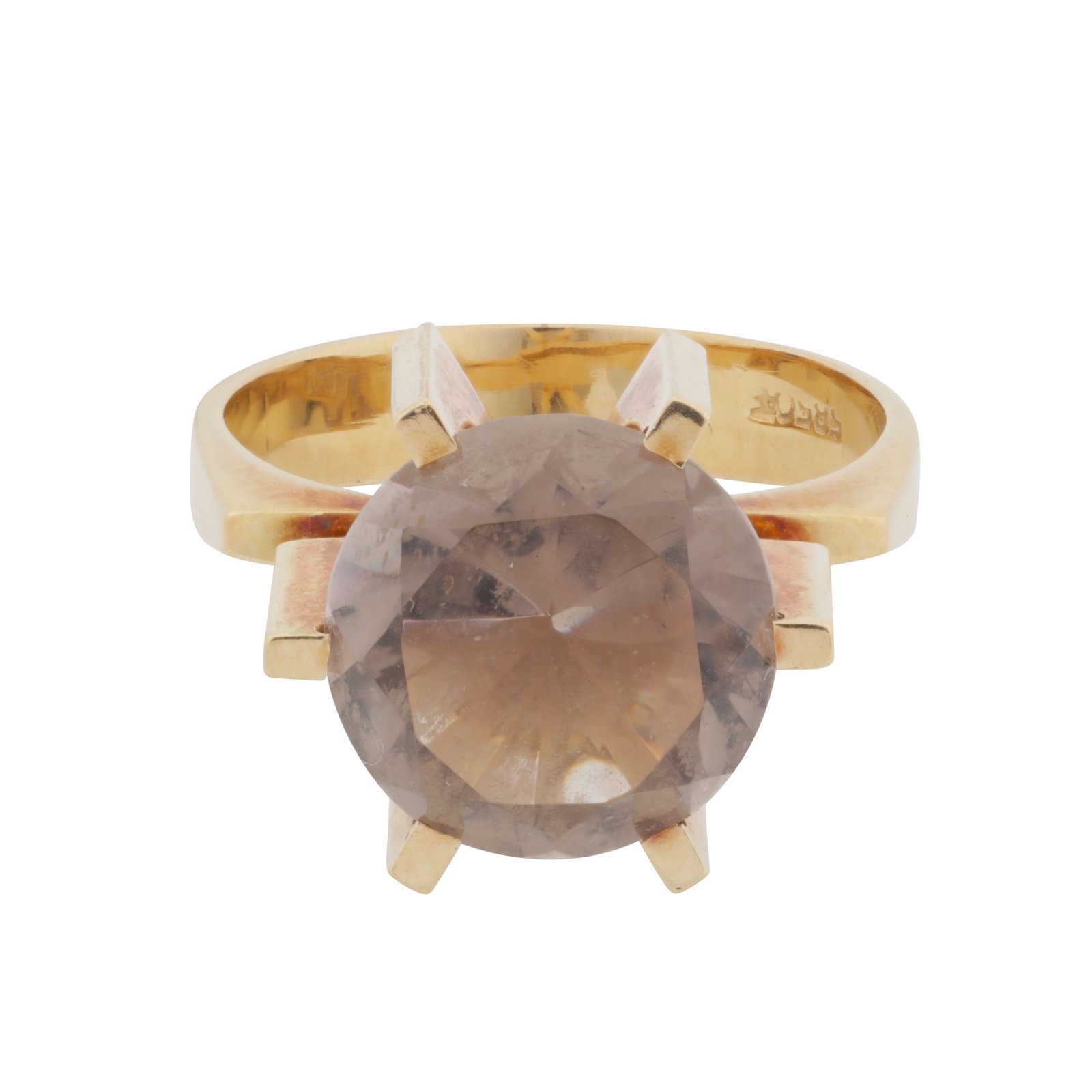 A smoky quartz single-stone ring Yellow metal: A smoky quartz single-stone ring Yellow metal The circular-cut smoky quartz, to a raised setting in yellow metal, stamped 585, ring size O