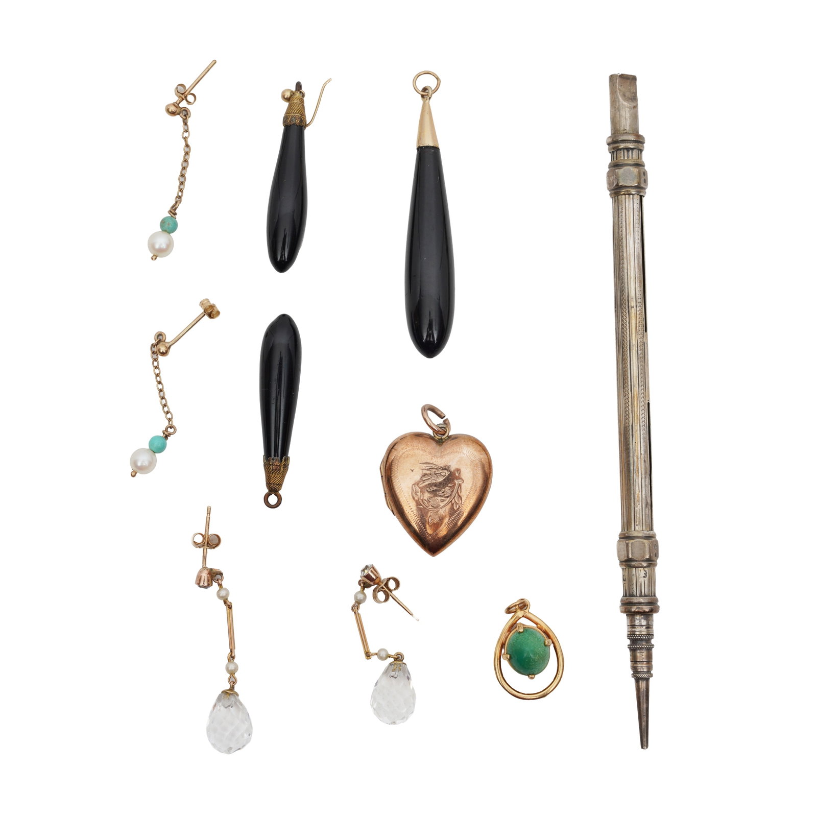 A group of miscellaneous Yellow and white metal: A group of miscellaneous Yellow and white metal Comprising a propelling pencil; 3 onyx drop pendants; a heart locket pendant; 2 pairs of earrings and a green chalcedony pendant; set in yellow and