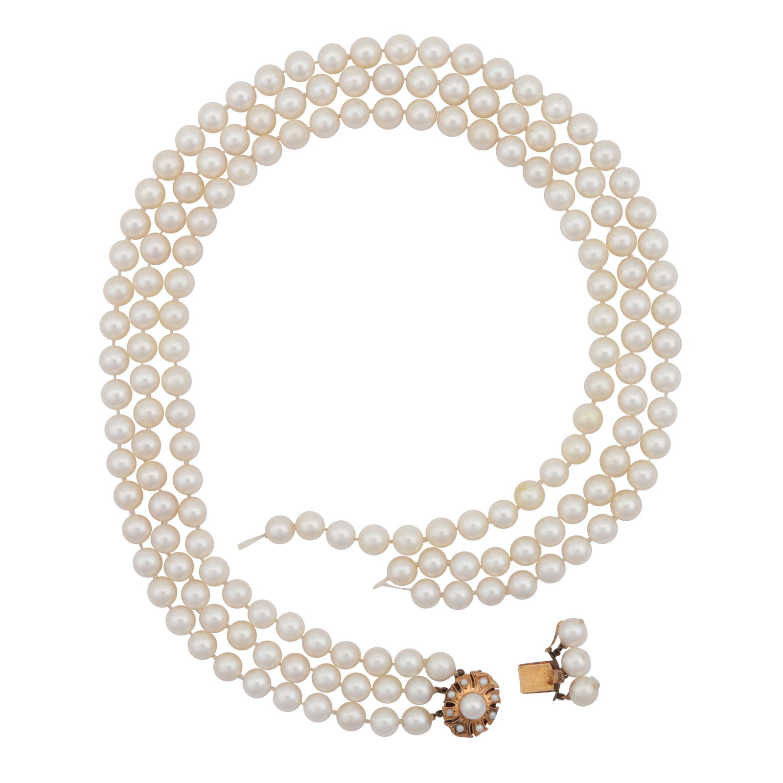 A three row pearl necklace and pendant Yellow metal: A three row pearl necklace and pendant Yellow metal The necklace set with 7.6-7.8mm round and near-round pearls of white tint, to a pearl-set oval clasp of pierced design (detached), stamped 14K, leng