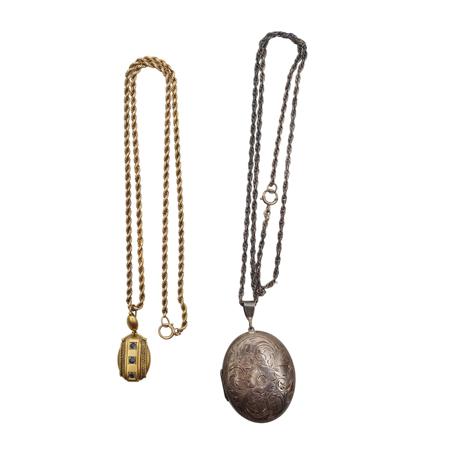 Two chain necklaces Yellow and white metal: Two chain necklaces Yellow and white metal One pendant necklace set with blue paste, a to a rope twist chain stamped 9k; together with a locket pendant necklace set in silver; UK hallmark; various