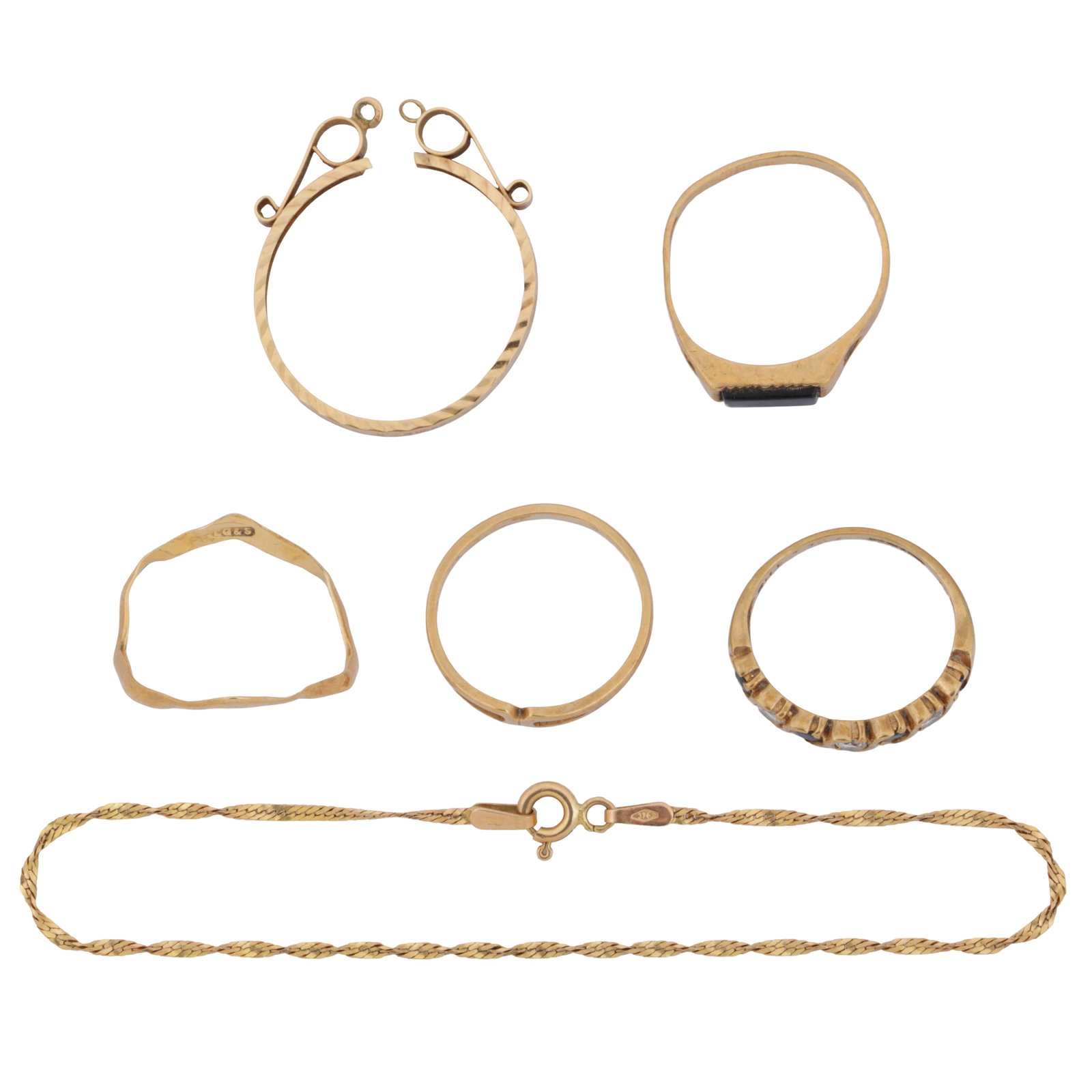 A group of jewellery Yellow metal: A group of jewellery Yellow metal Including four rings; a singapore chain bracelet; a sovereign pendant mount; all set in yellow metal stamped or hallmarked 9 carat gold; various sizes (6)
