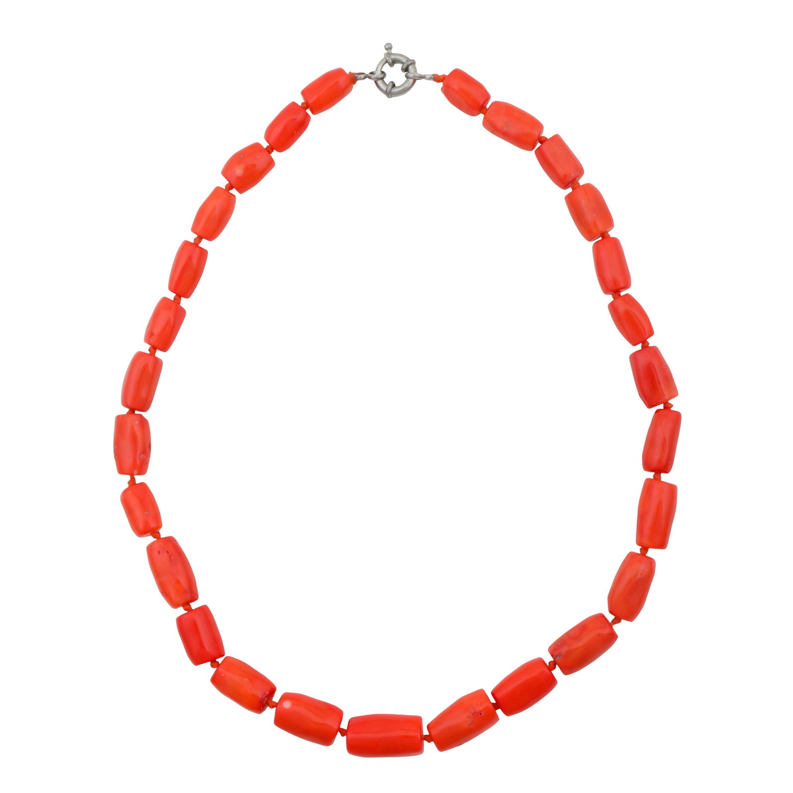 A coral bead necklace White metal: A coral bead necklace White metal Set with graduated tubular coral beads, to a large bolt ring clasp, unmarked, length 61.5cm, together with a box