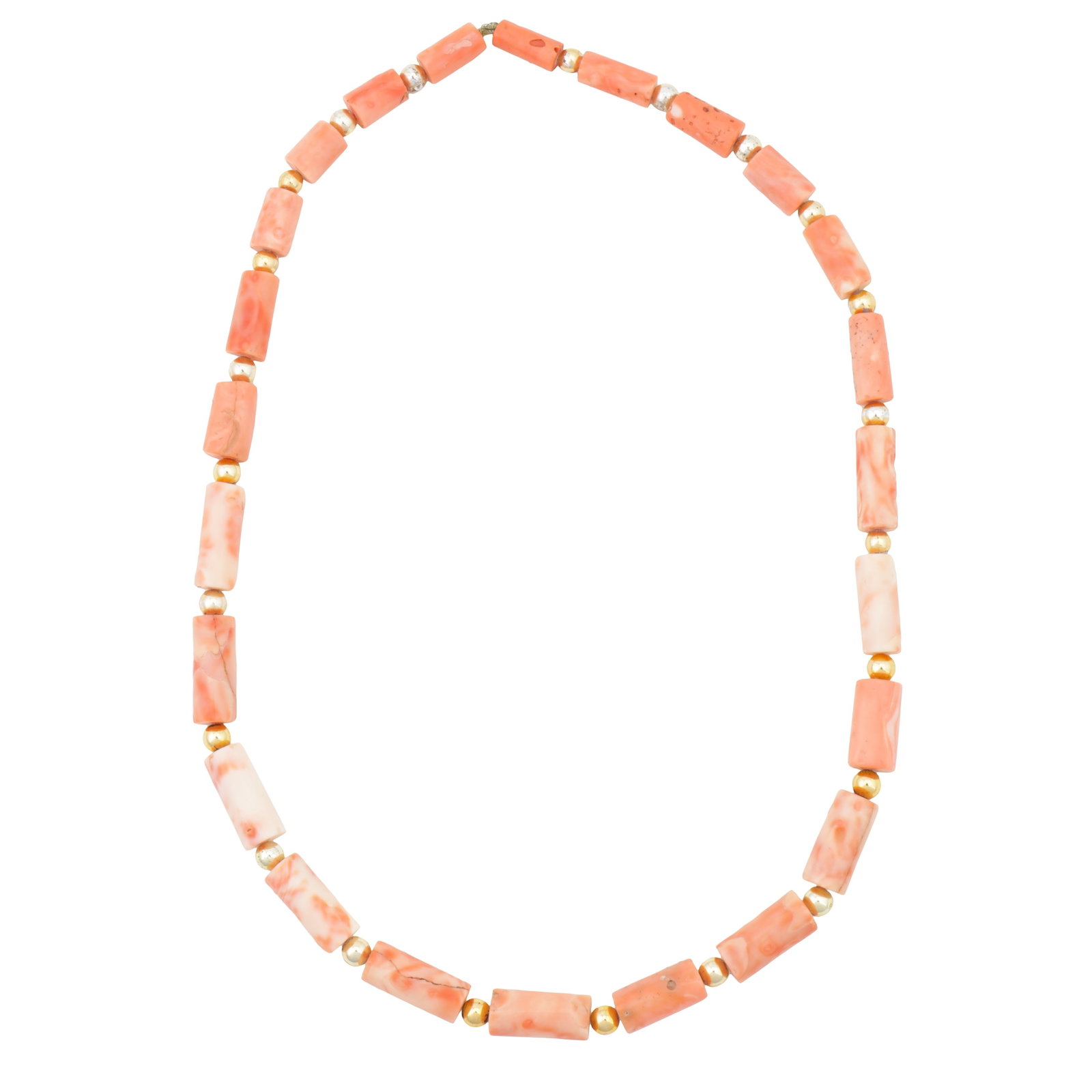 A single strand coral necklace Yellow metal: A single strand coral necklace Yellow metal Composed of graduated tubular coral beads, accented by metal beads; metal unmarked and untested, length 62.5cm