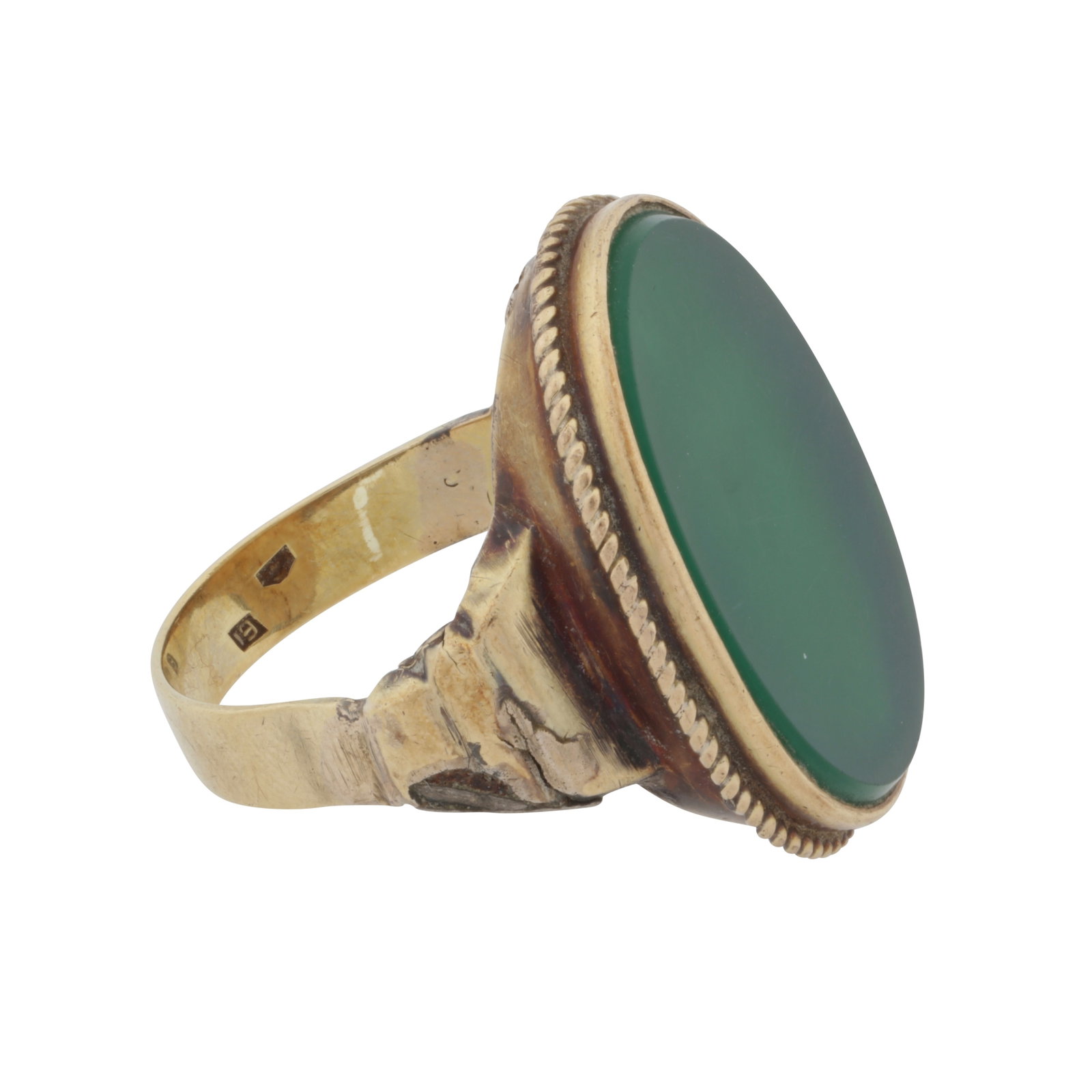 A green calcedony ring Yellow metal - 2