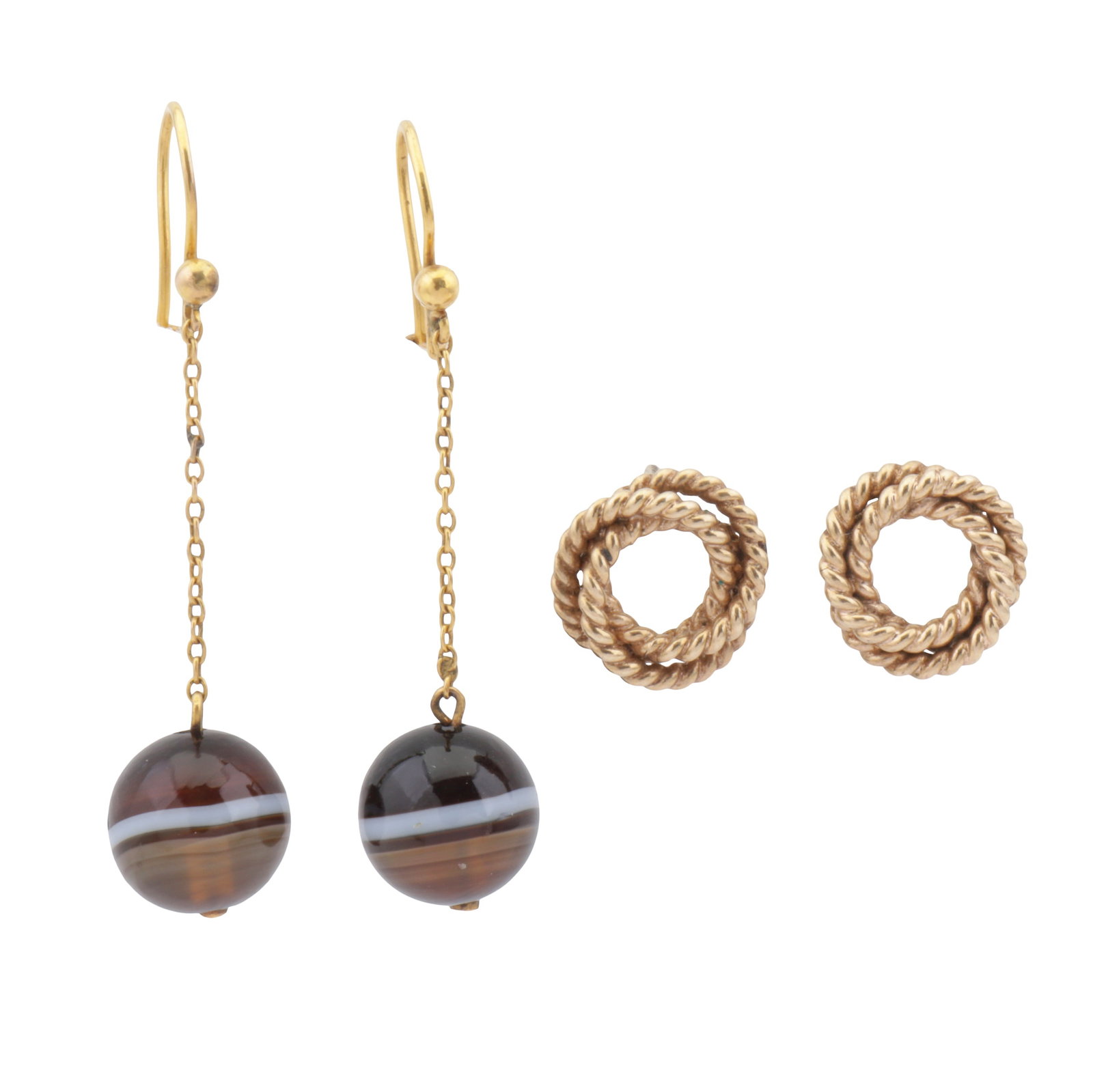 Two pairs of earrings Yellow metal: Two pairs of earrings Yellow metal Including a pair of banded agate pendent earrings set in yellow metal, unmarked; and a pair of openwork knot earrings set in 9 carat yellow gold, UK hallmark;