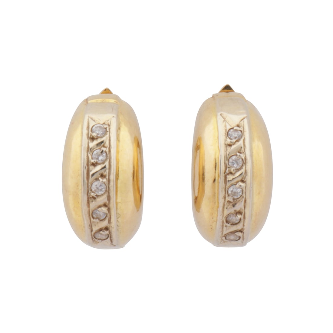 A pair of paste hoop earrings Yellow metal: A pair of paste hoop earrings Yellow metal Each decorated with a central row of circular-cut white paste, in yellow metal mount, post fittings, stamped 750, length 1.3cm