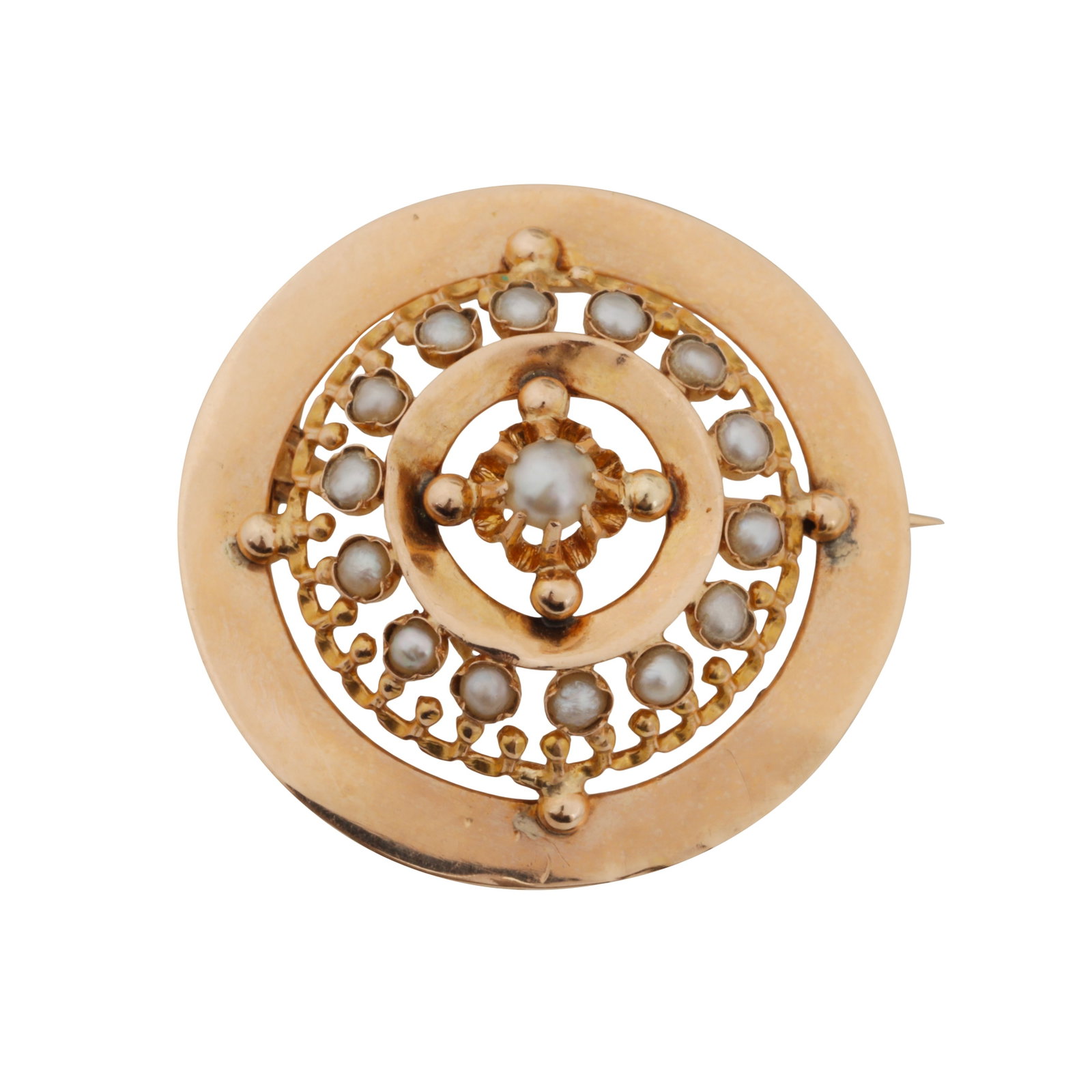 A split pearl brooch Yellow metal: A split pearl brooch Yellow metal Of circular pierced design, set with split pearls, to a raised decorated mount, maker's mark, undistinct mark, diameter 2.5cm The item has been XRF tested and found