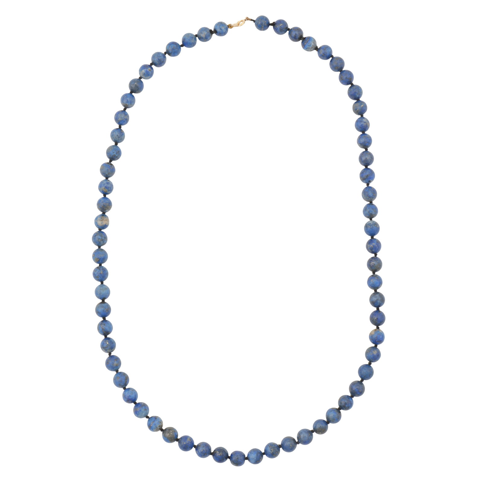 A lapis lazuli necklace Yellow metal: A lapis lazuli necklace Yellow metal The single strand of lapis beads, to a round clasp, unmarked, length 75.0cm