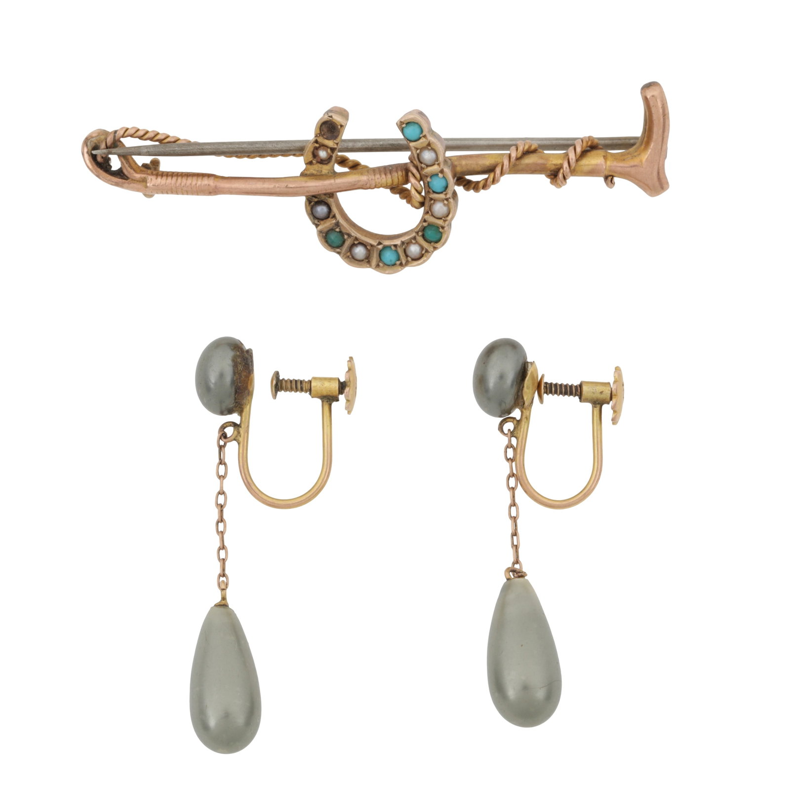 A gem set brooch and a pair of grey pearl earrings Yellow metal (1 of 2)