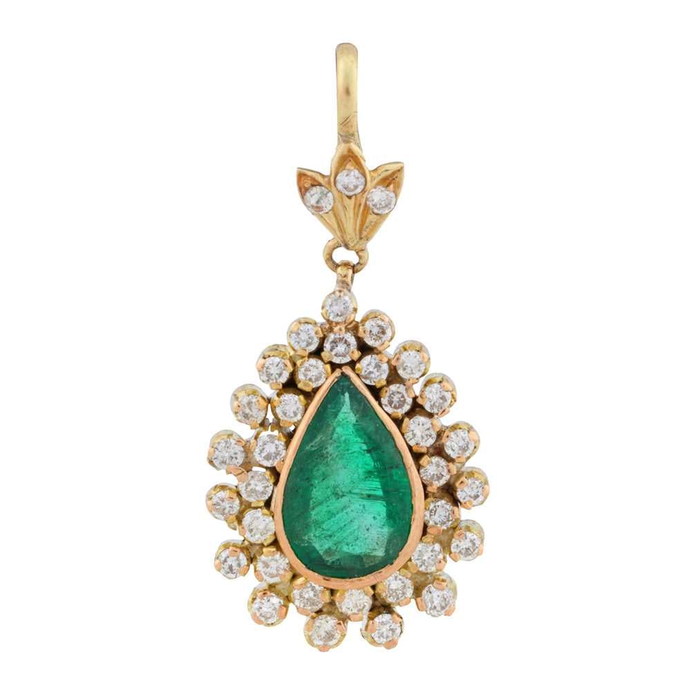 An emerald and diamond cluster pendant Yellow metal: An emerald and diamond cluster pendant Yellow metal Of drop design, centrally collet-set with a pear-shaped emerald, highlighted by claw-set brilliant-cut diamonds, to a leaf top set with similarly-cu