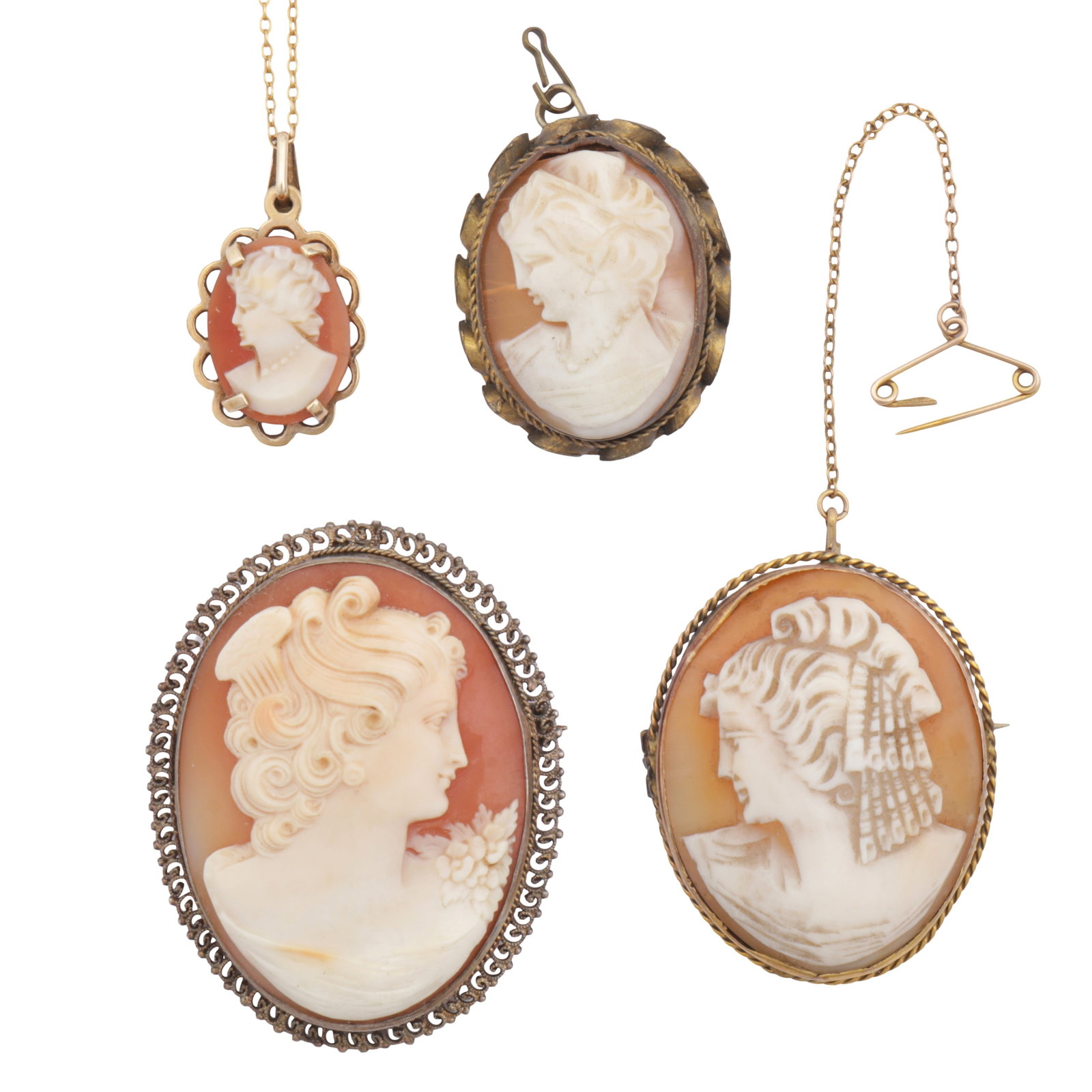 A collection of cameo jewellery Yellow and white metal: A collection of cameo jewellery Yellow and white metal To include three brooches and a pendant necklace, each set with an oval-shaped cameo, featuring ladies' portraits; one brooch stamped 9Ct, the pe