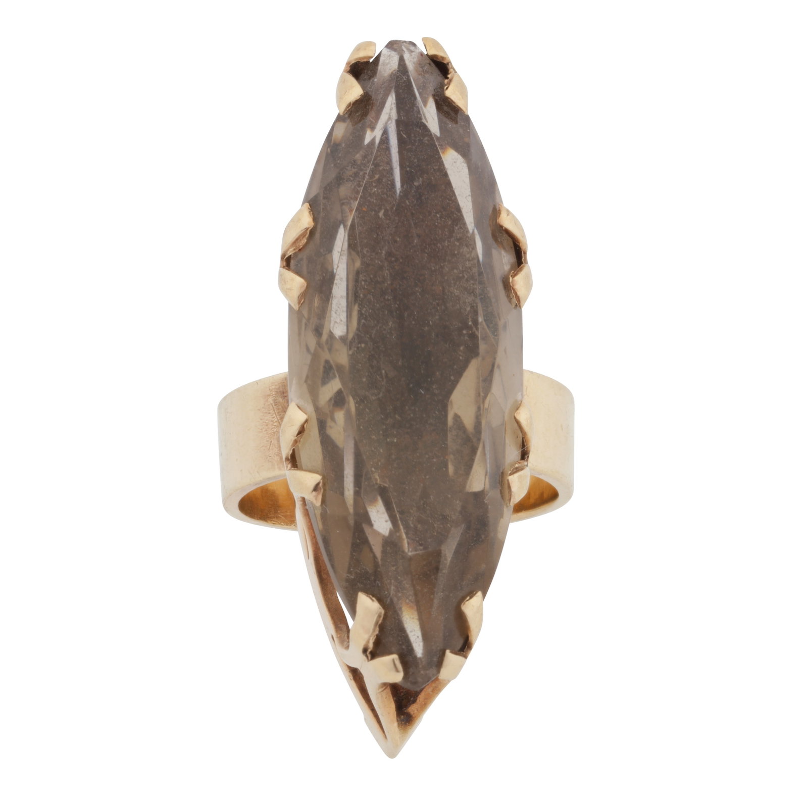 A smoky quartz ring 9ct yellow gold: A smoky quartz ring 9ct yellow gold The claw-set marquise-cut smoky quartz, to a raised decorated gallery, on a straight band, maker's mark, UK hallmark, size M