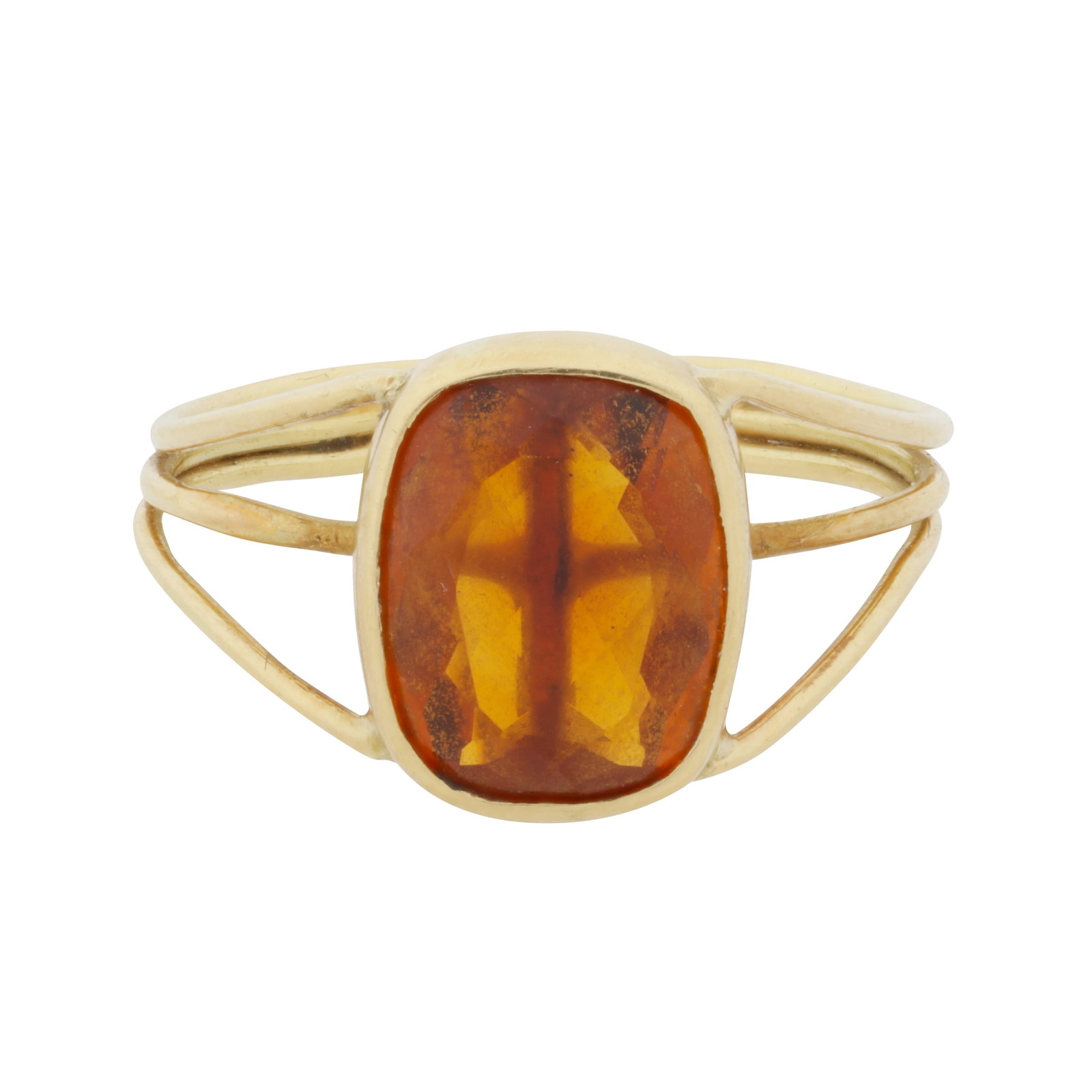 A citrine single stone ring 18ct yellow gold: A citrine single stone ring 18ct yellow gold Of wirework design, collet-set with an elongated cushion-cut citrine, trifurcated shoulders, maker's mark, UK hallmark, ring size L