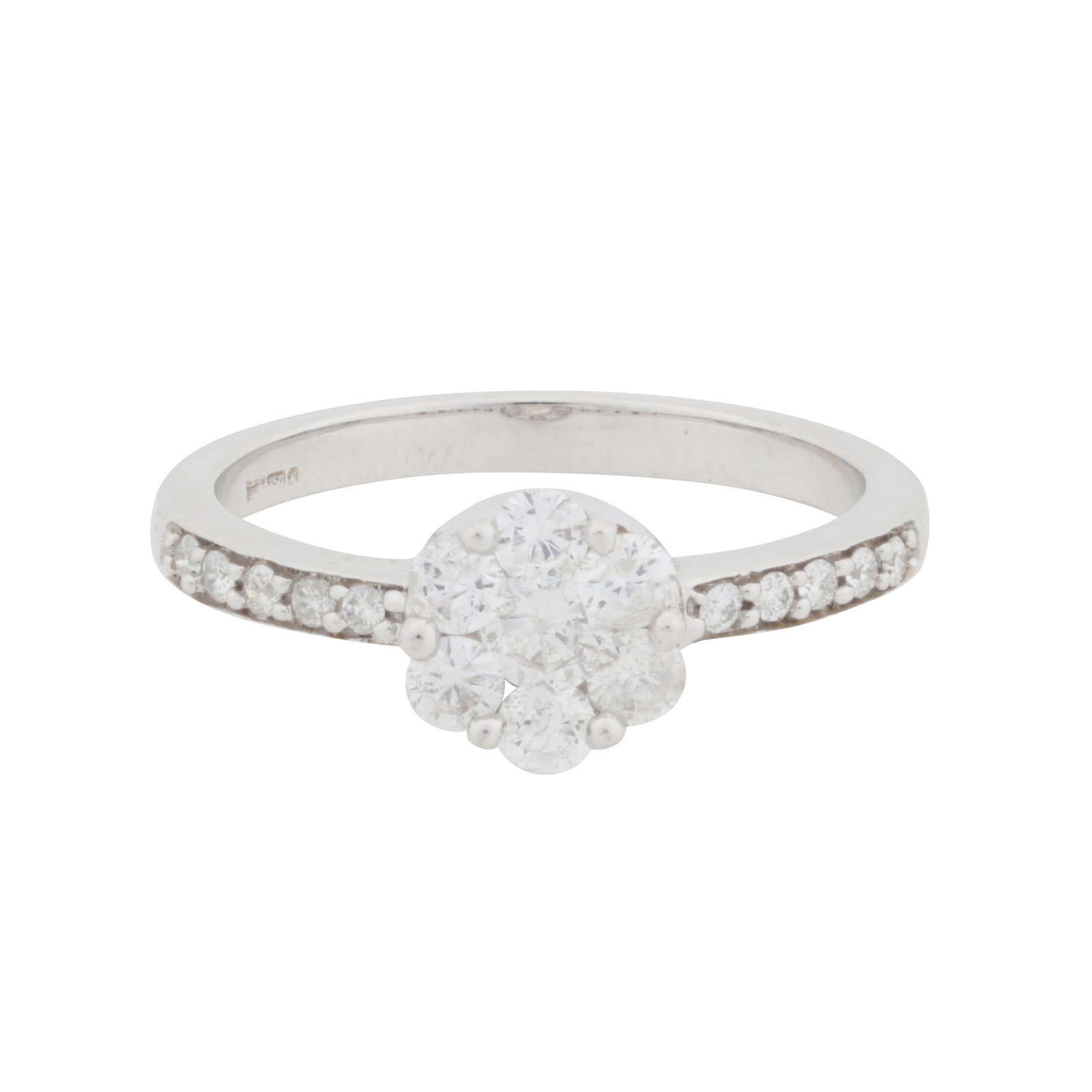 A diamond cluster ring 18 carat white gold: A diamond cluster ring 18 carat white gold Of flowerhead design, set with brilliant-cut diamonds, to similarly-cut diamond shoulders, mounted in 18 carat white gold, diamonds approx. 0.45 carat