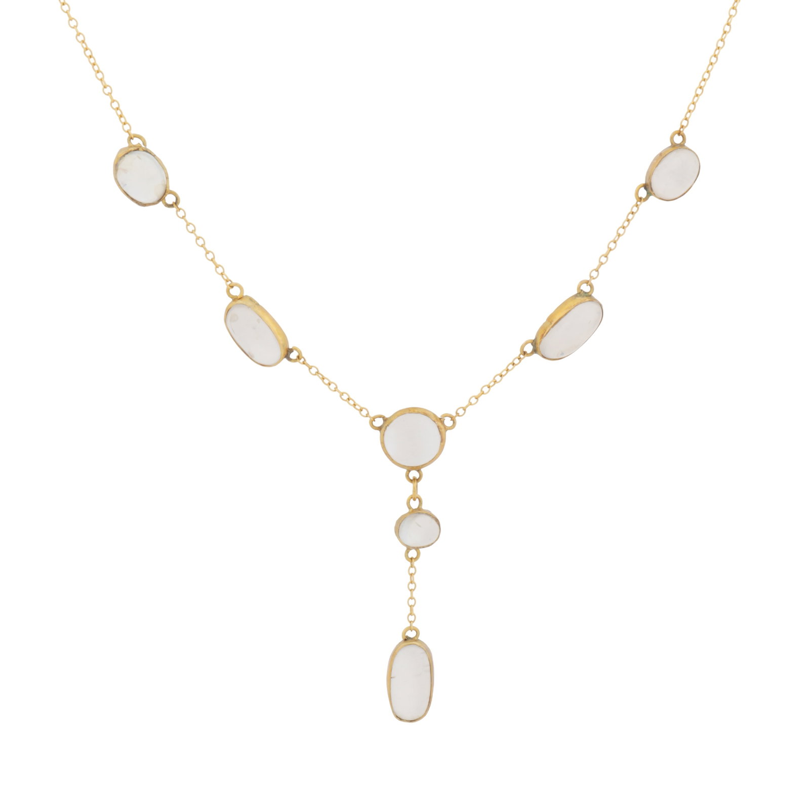 A moonstone pendant necklace Yellow metal: A moonstone pendant necklace Yellow metal Collet-set with moonstone cabochons, to a cable-link chain necklace, bolt ring clasp, unmarked, lengths: pendant 4.0cm, necklace 42.5cm The item has been XRF